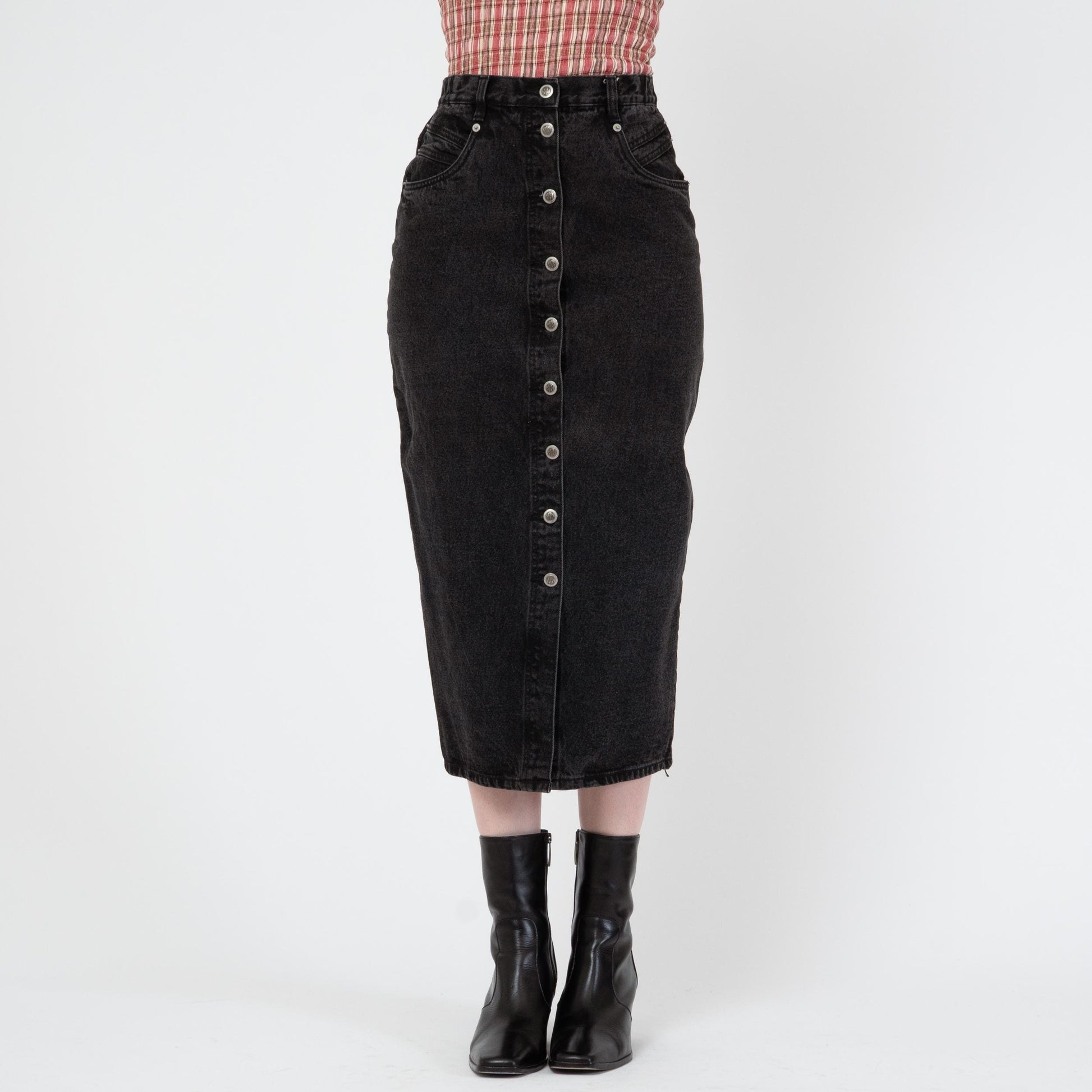 Vintage 80s Black Denim Midi Skirt - Small, 26" Waist | High Waisted Button Front Jean Pencil Skirt