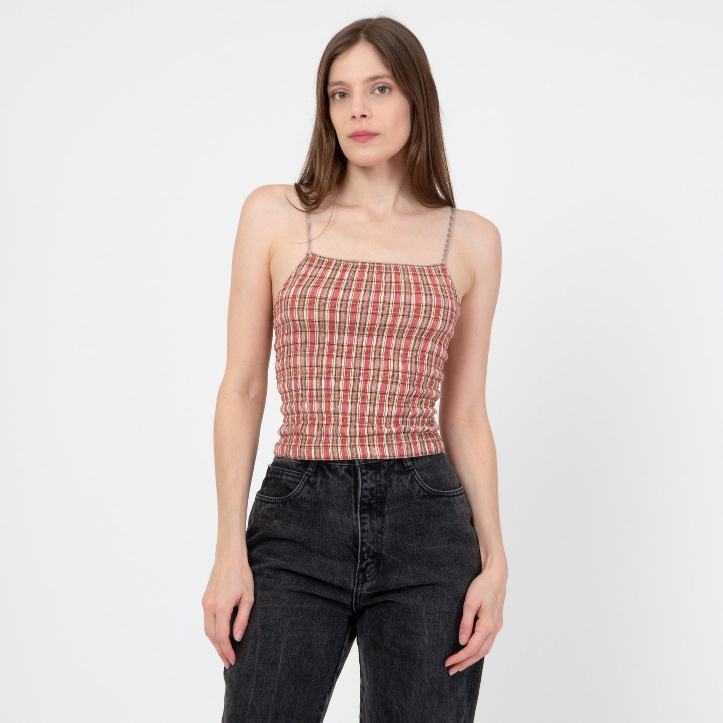 Vintage 90s Red Plaid Seersucker Cami Crop Top - Extra Small | Grunge Cotton Spaghetti Strap Tank