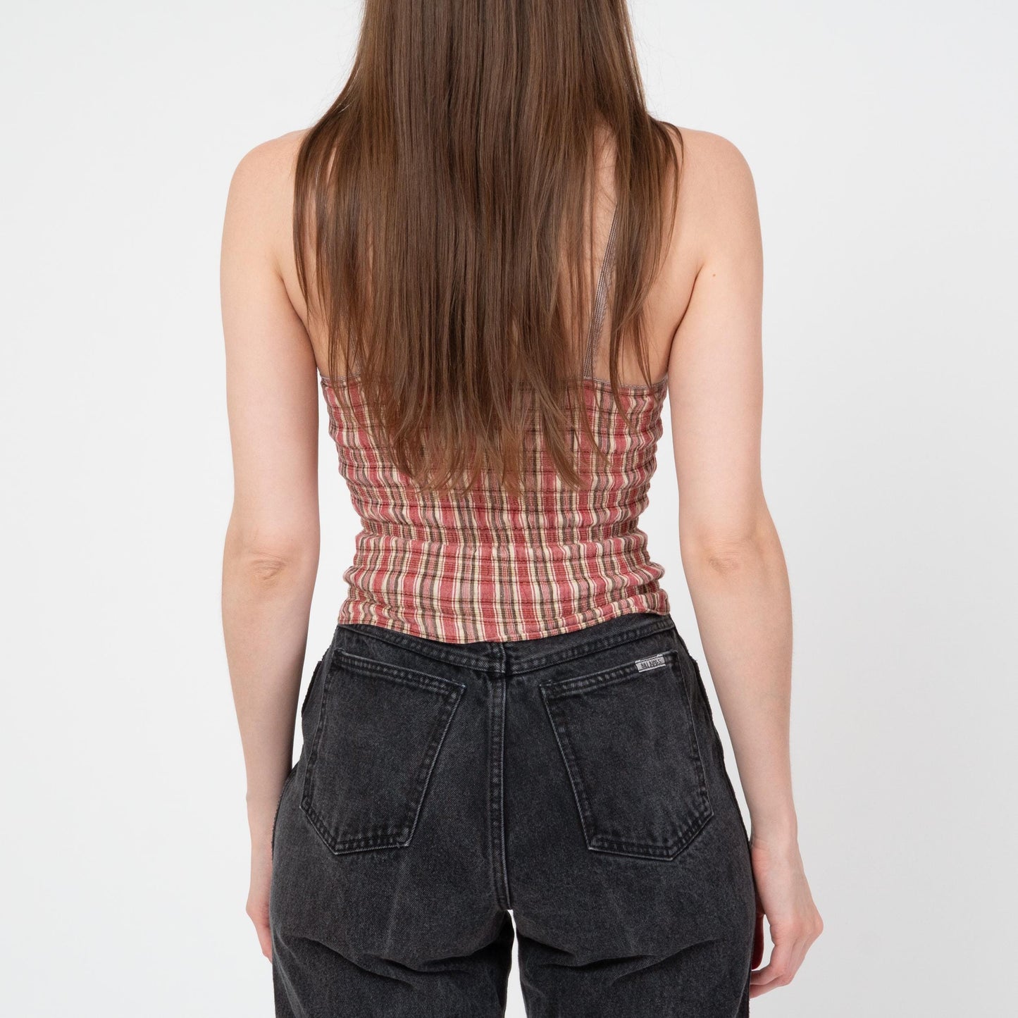 Vintage 90s Red Plaid Seersucker Cami Crop Top - Extra Small | Grunge Cotton Spaghetti Strap Tank