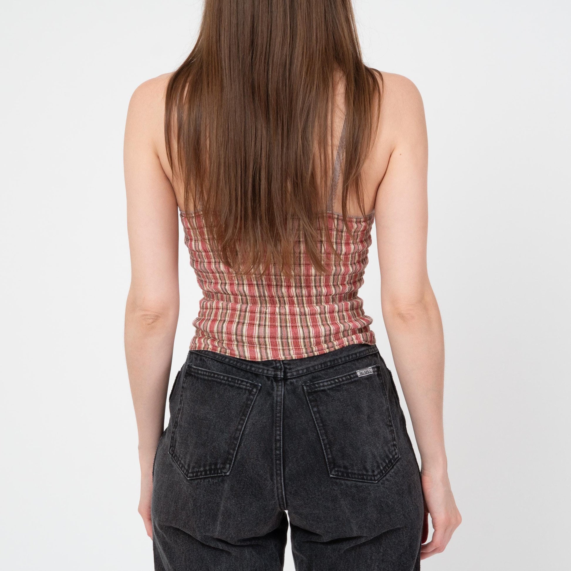 Vintage 90s Red Plaid Seersucker Cami Crop Top - Extra Small | Grunge Cotton Spaghetti Strap Tank