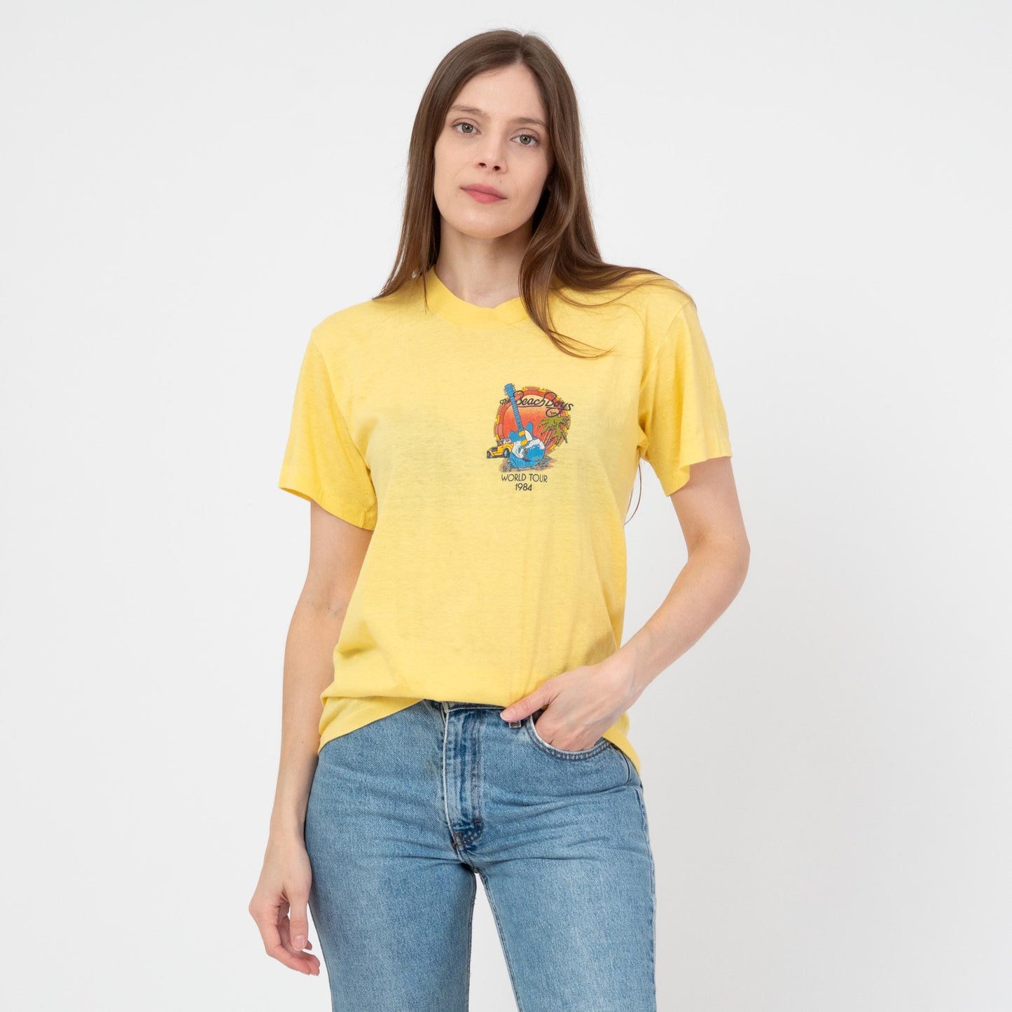 Vintage 80s Beach Boys Tour T Shirt - Unisex Medium | 1984 Yellow Graphic Classic Rock Band Tee