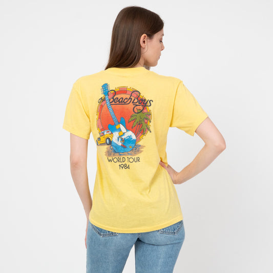 Vintage 80s Beach Boys Tour T Shirt - Unisex Medium | 1984 Yellow Graphic Classic Rock Band Tee