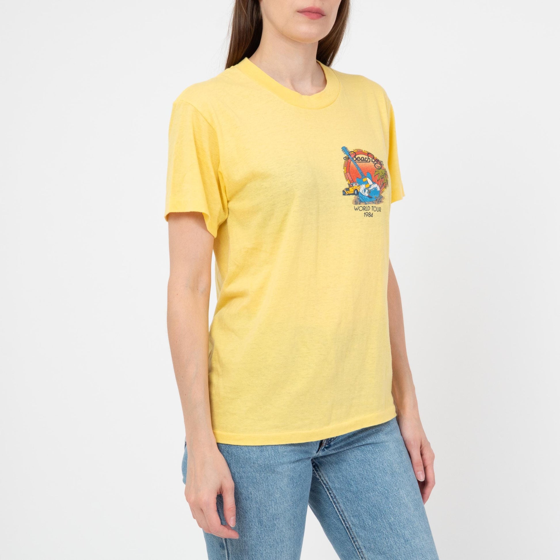 Vintage 80s Beach Boys Tour T Shirt - Unisex Medium | 1984 Yellow Graphic Classic Rock Band Tee