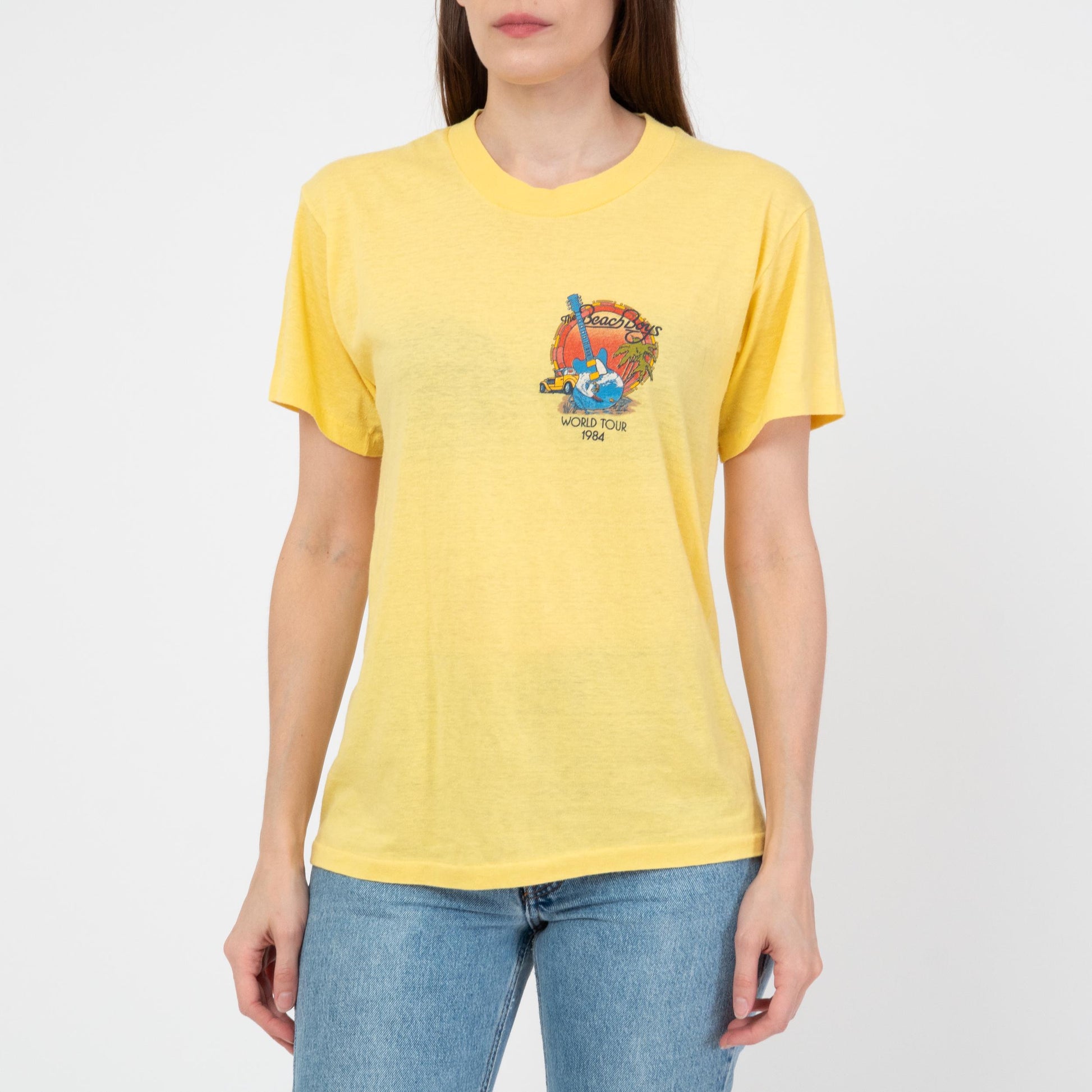 Vintage 80s Beach Boys Tour T Shirt - Unisex Medium | 1984 Yellow Graphic Classic Rock Band Tee