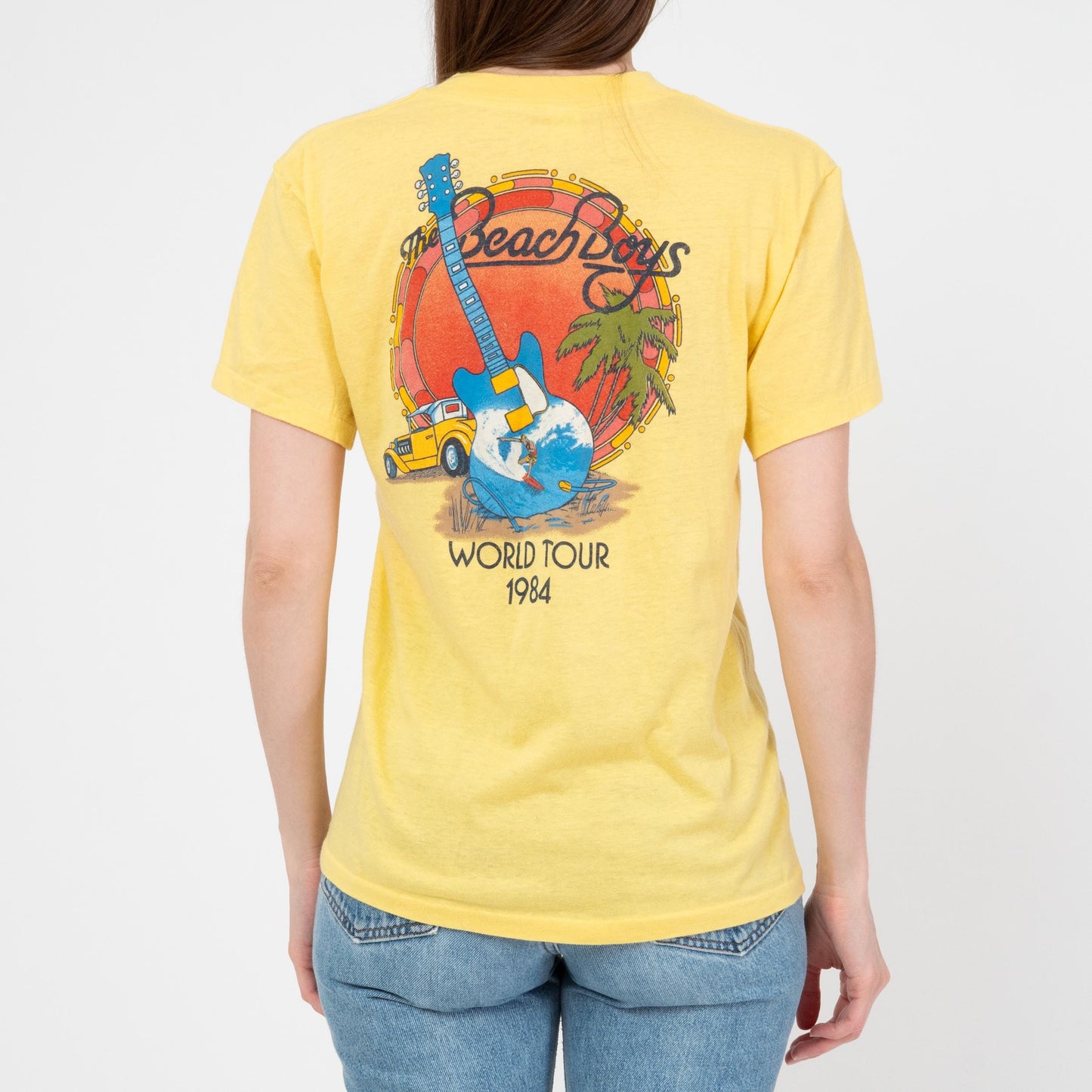 Vintage 80s Beach Boys Tour T Shirt - Unisex Medium | 1984 Yellow Graphic Classic Rock Band Tee