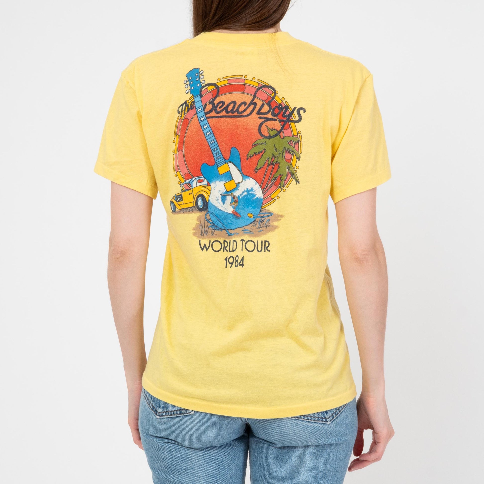 Vintage 80s Beach Boys Tour T Shirt - Unisex Medium | 1984 Yellow Graphic Classic Rock Band Tee