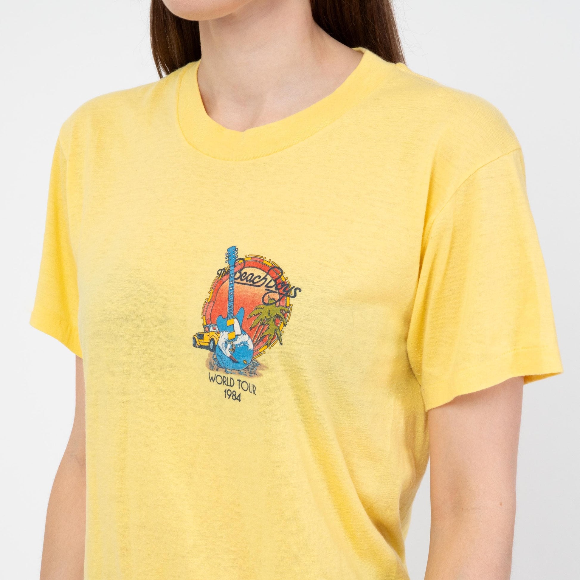Vintage 80s Beach Boys Tour T Shirt - Unisex Medium | 1984 Yellow Graphic Classic Rock Band Tee
