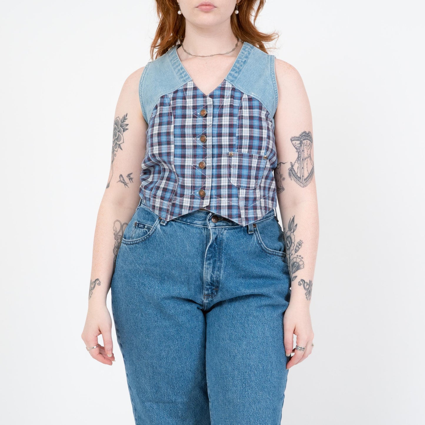 Vintage 90s Denim & Plaid Crop Top Vest - Medium | Grunge Sleeveless Cropped Shirt