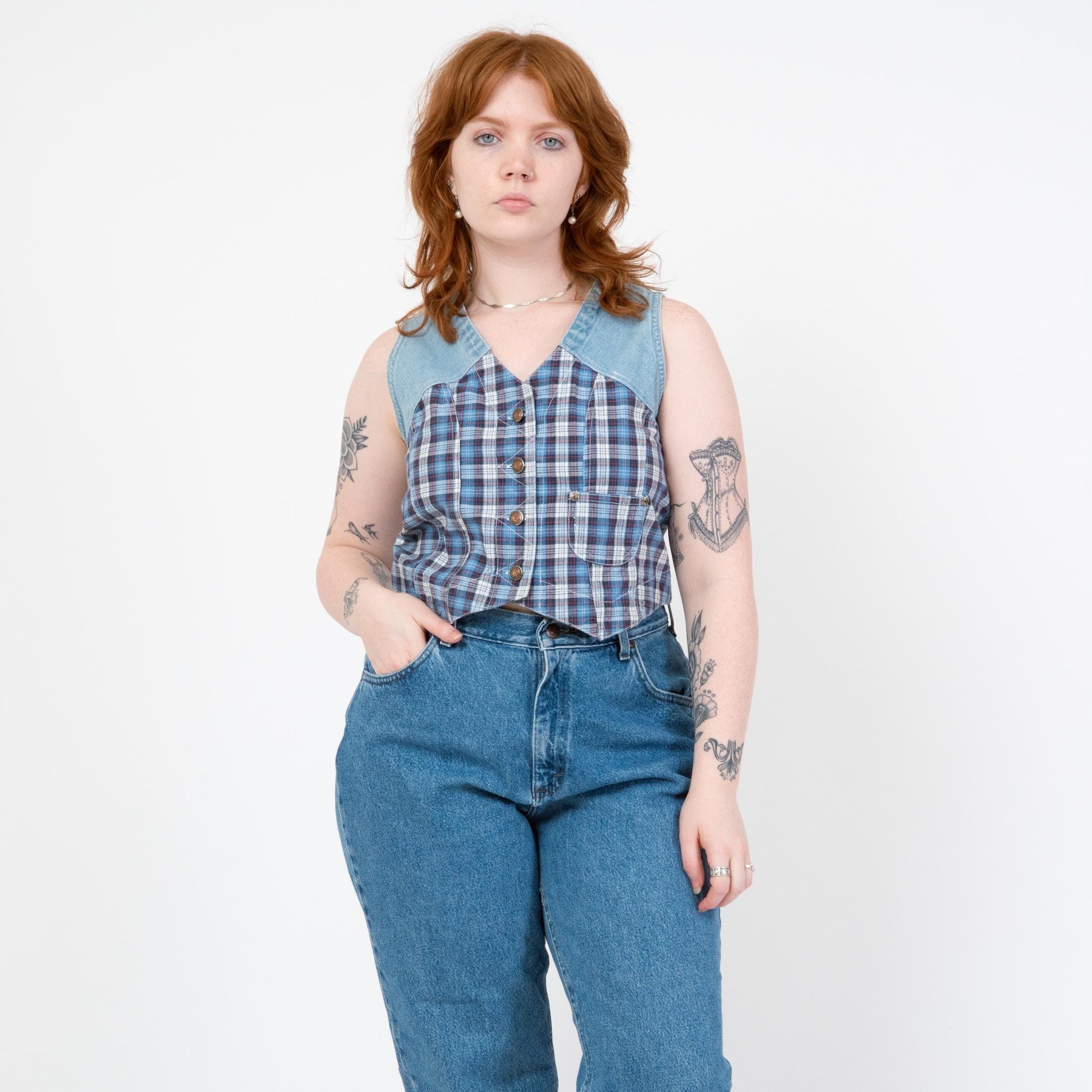 Vintage 90s Denim & Plaid Crop Top Vest - Medium | Grunge Sleeveless Cropped Shirt