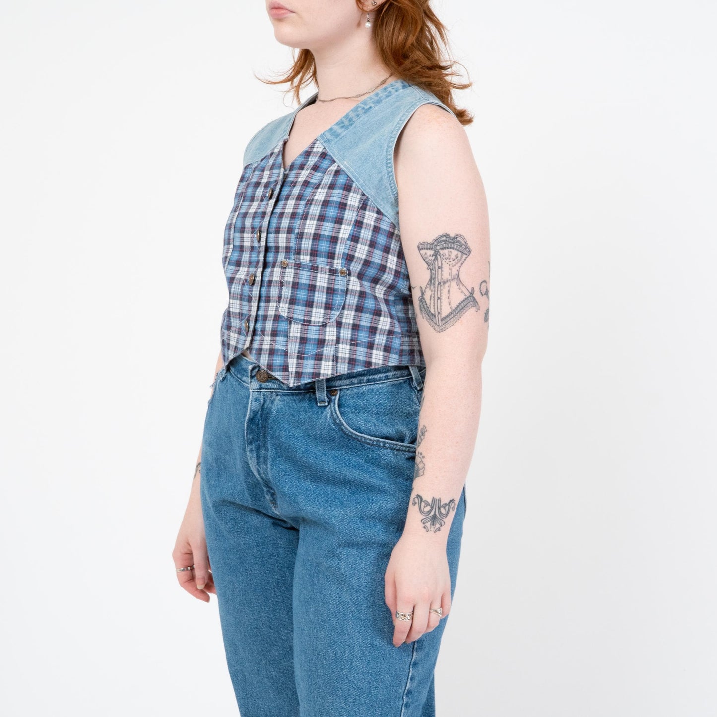 Vintage 90s Denim & Plaid Crop Top Vest - Medium | Grunge Sleeveless Cropped Shirt