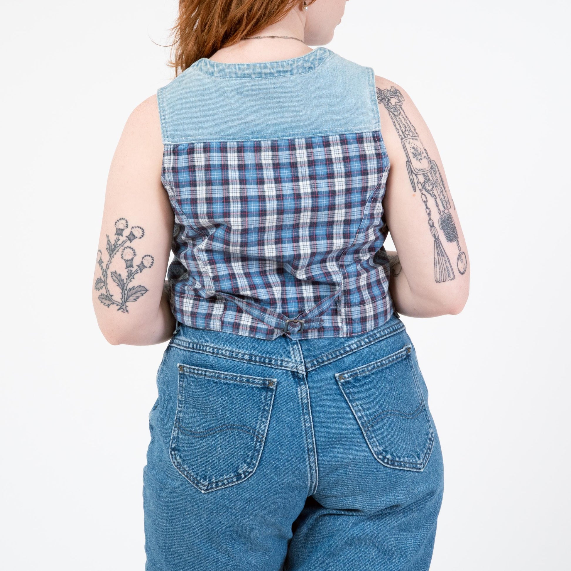 Vintage 90s Denim & Plaid Crop Top Vest - Medium | Grunge Sleeveless Cropped Shirt