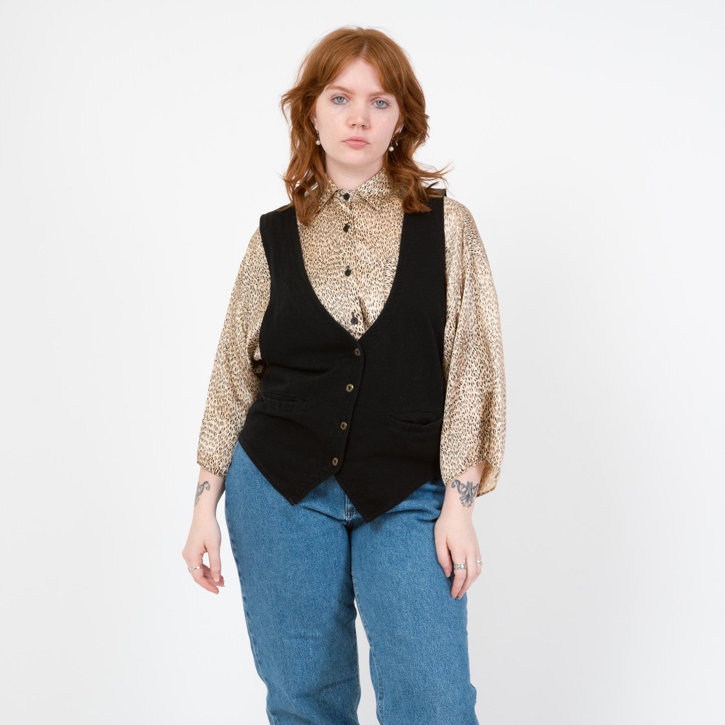 Vintage 90s Black Deep V Vest - Large | Button Up Sleeveless Layering Top