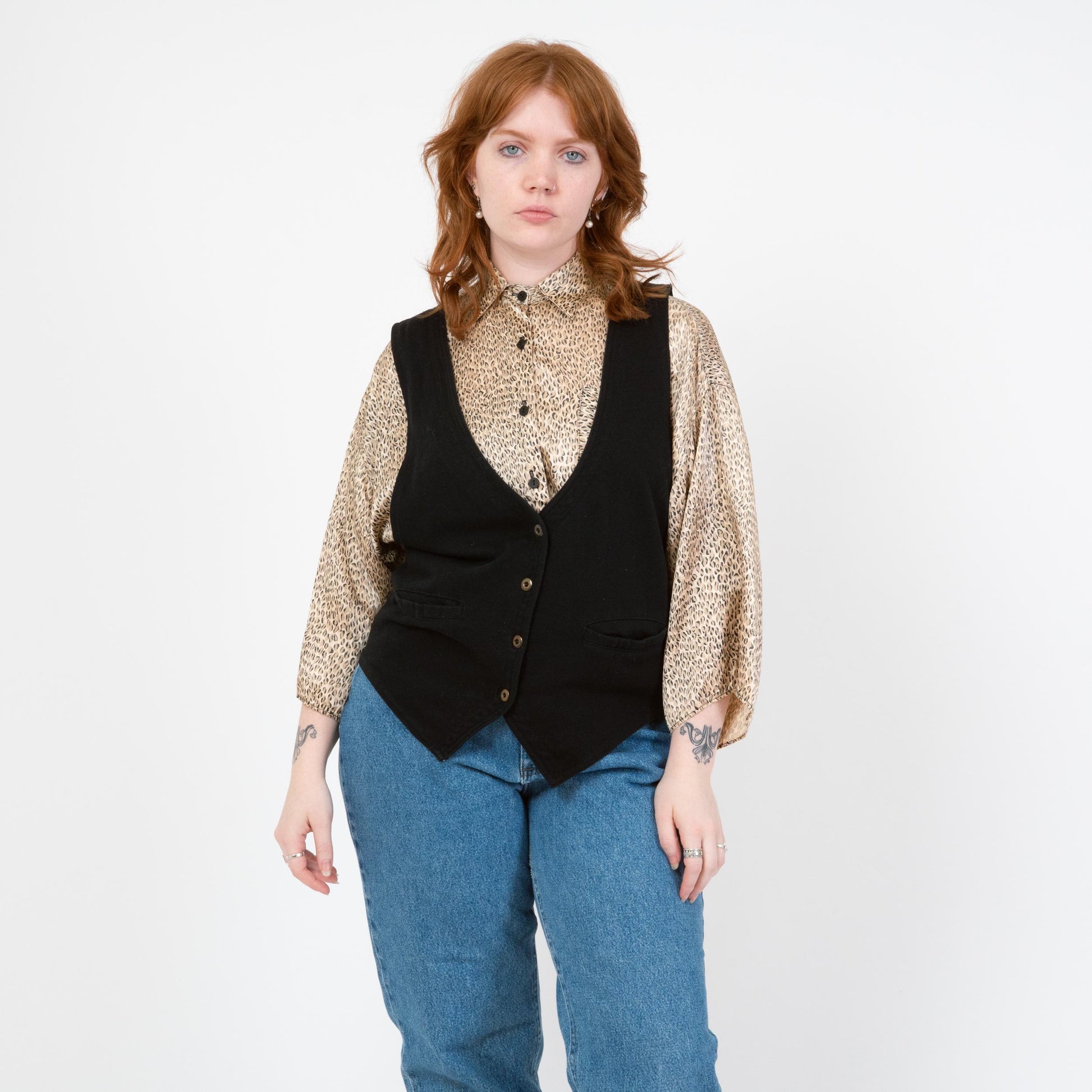 Vintage 90s Black Deep V Vest - Large | Button Up Sleeveless Layering Top