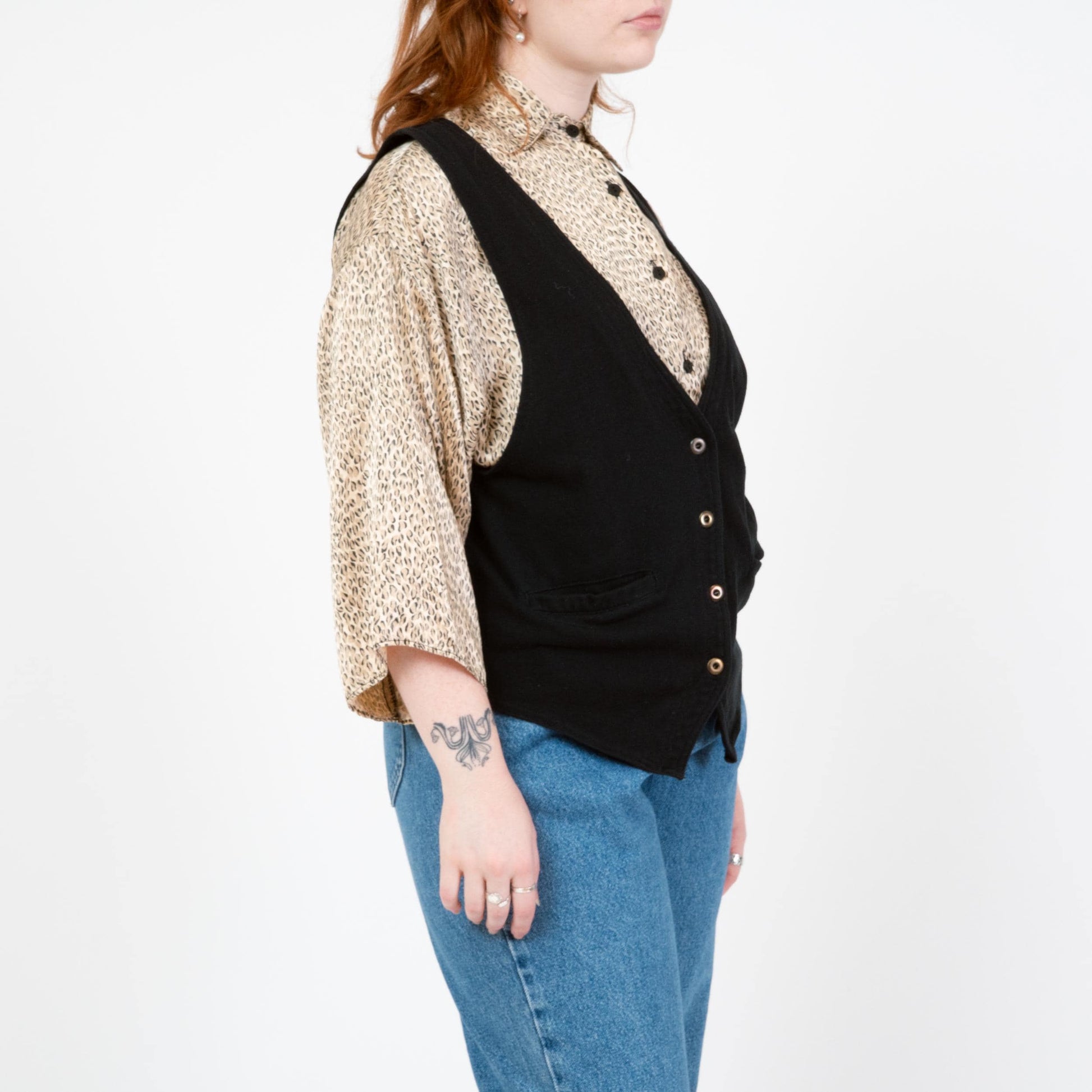 Vintage 90s Black Deep V Vest - Large | Button Up Sleeveless Layering Top