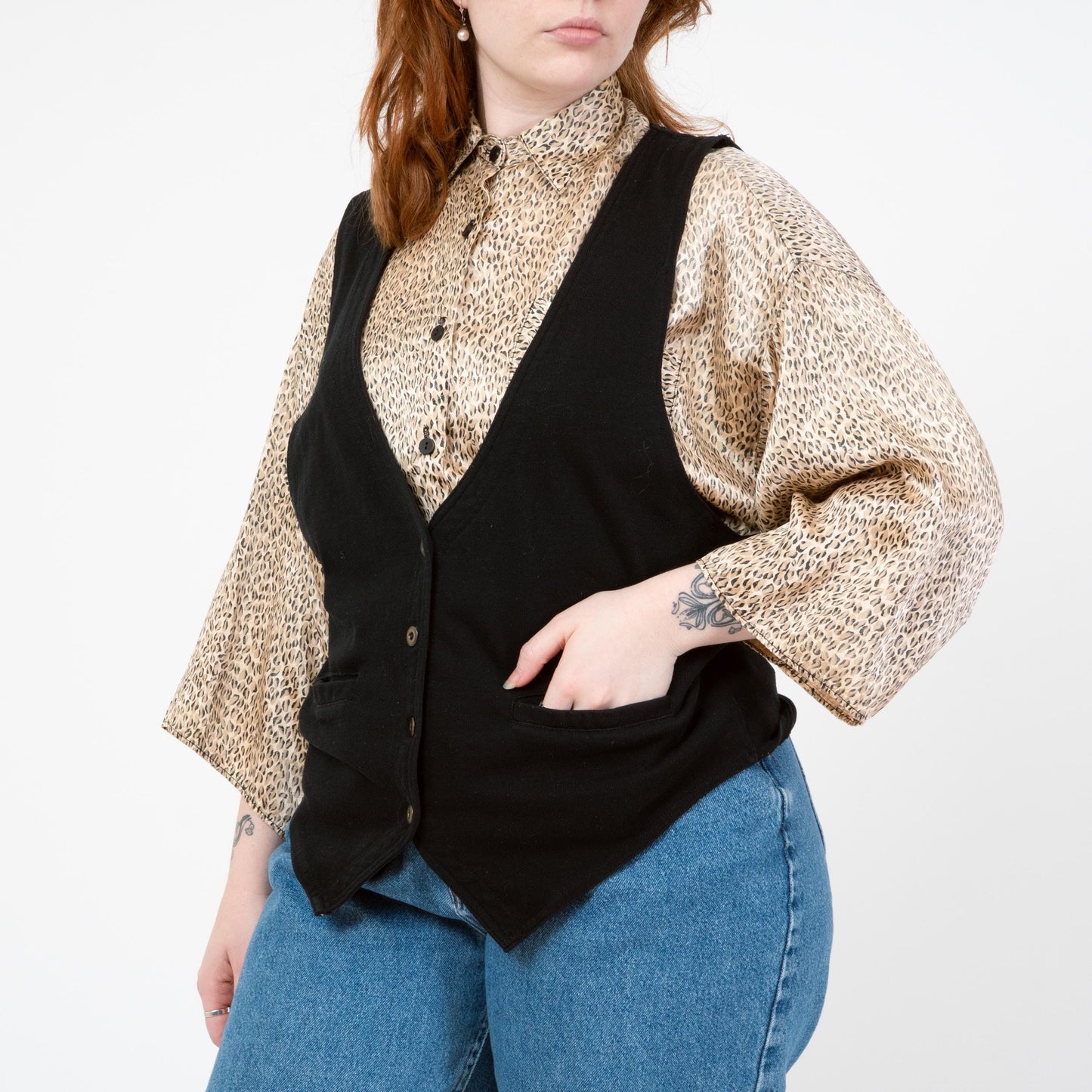 Vintage 90s Black Deep V Vest - Large | Button Up Sleeveless Layering Top