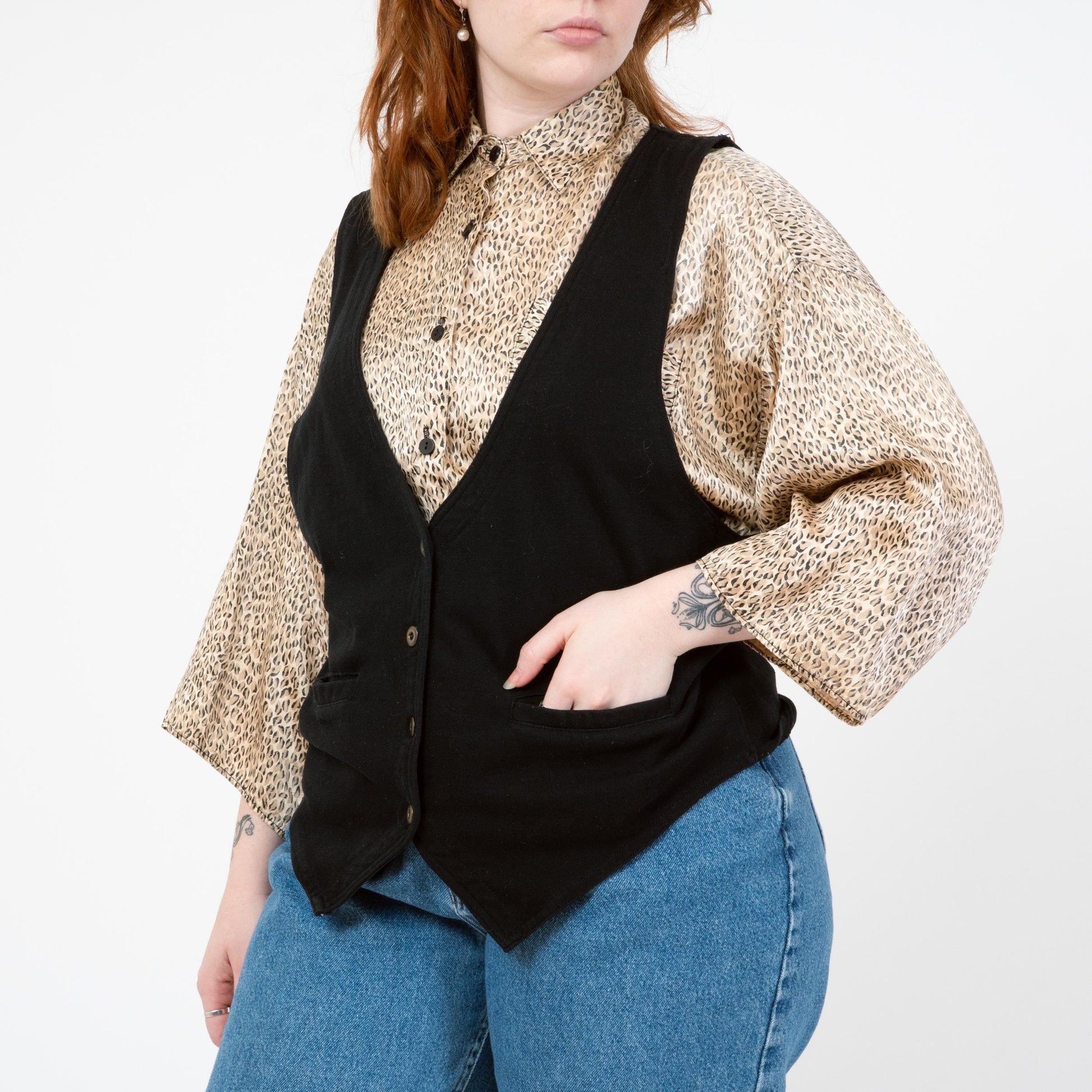 Vintage 90s Black Deep V Vest - Large | Button Up Sleeveless Layering Top
