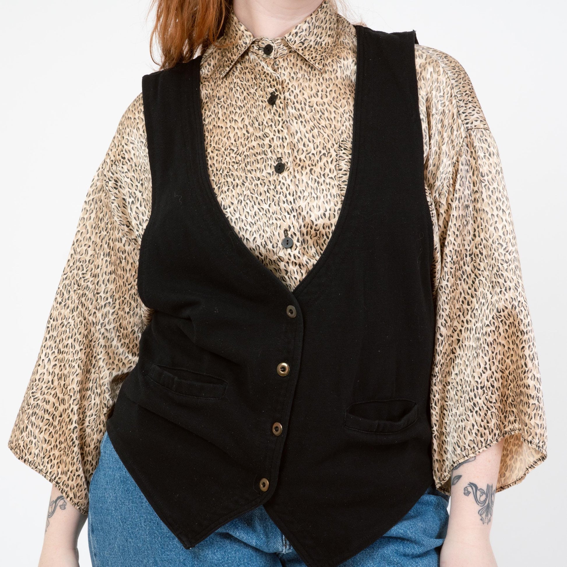 Vintage 90s Black Deep V Vest - Large | Button Up Sleeveless Layering Top