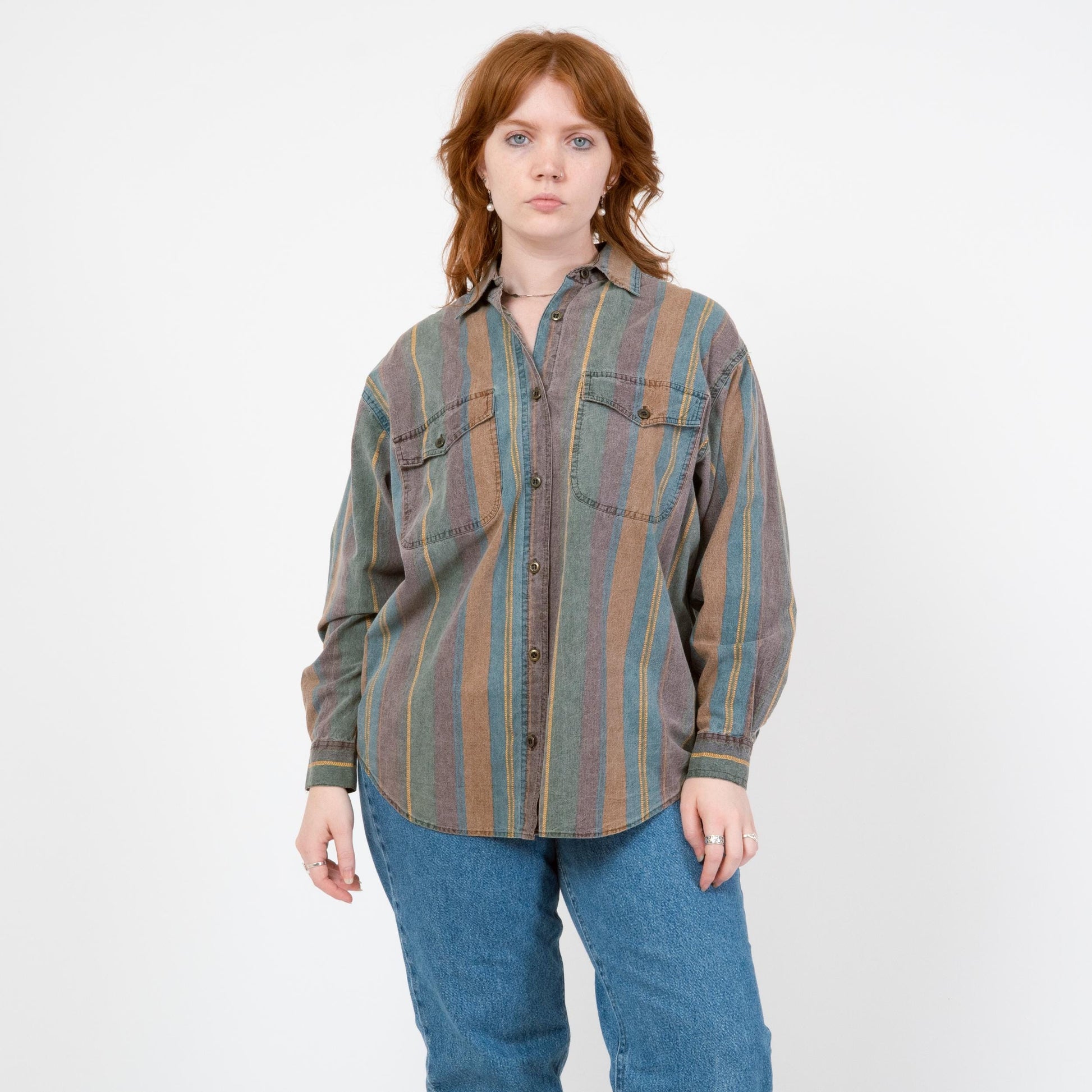 Vintage 90s Striped Chambray Collared Shirt - Medium | Long Sleeve Faded Denim Button Up Top