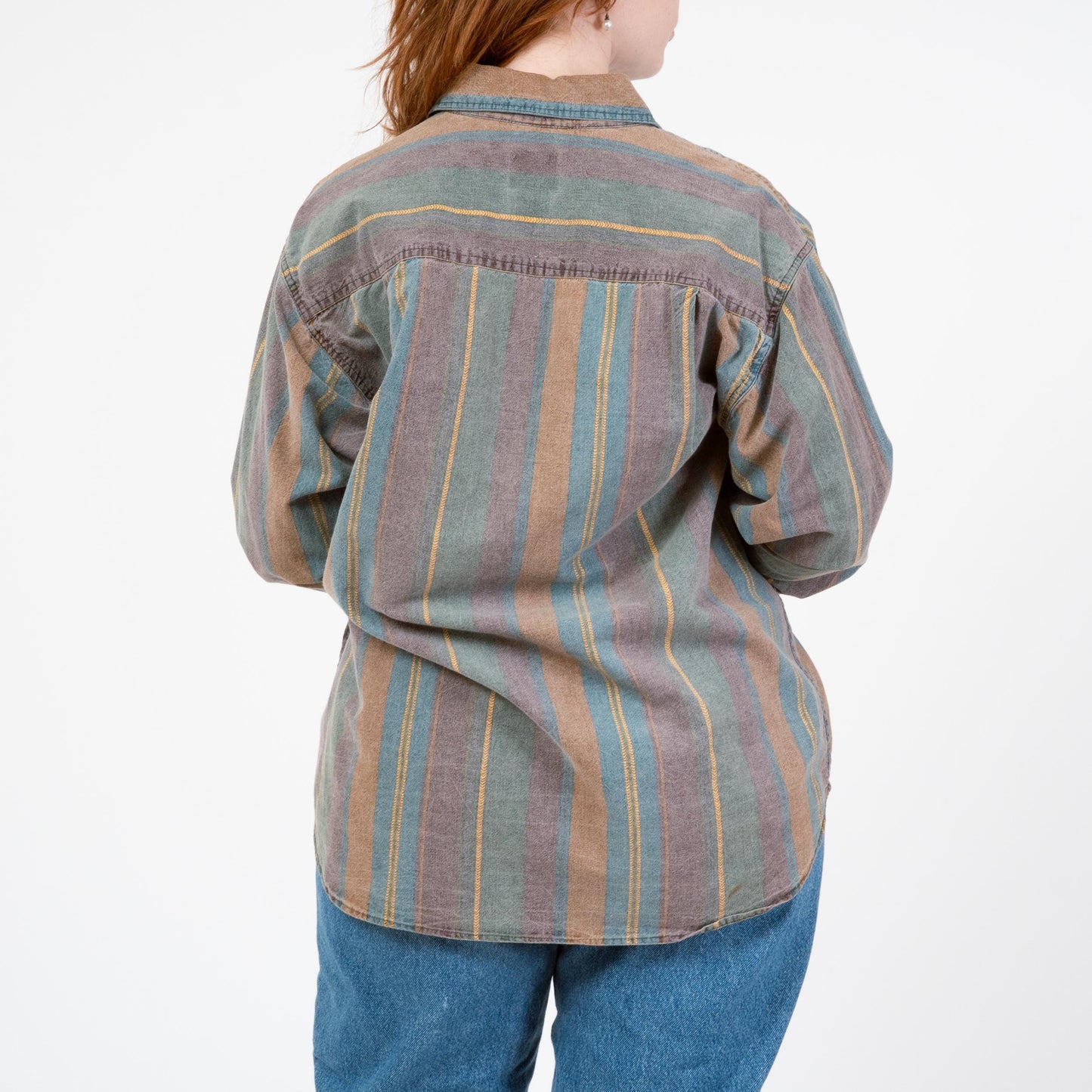 Vintage 90s Striped Chambray Collared Shirt - Medium | Long Sleeve Faded Denim Button Up Top