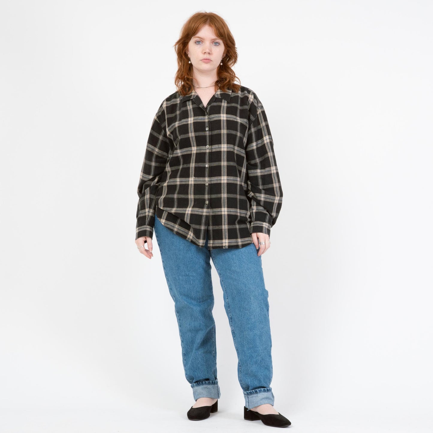 Vintage 90s Black & White Plaid Linen Shirt - Extra Large | Long Sleeve Collared Top
