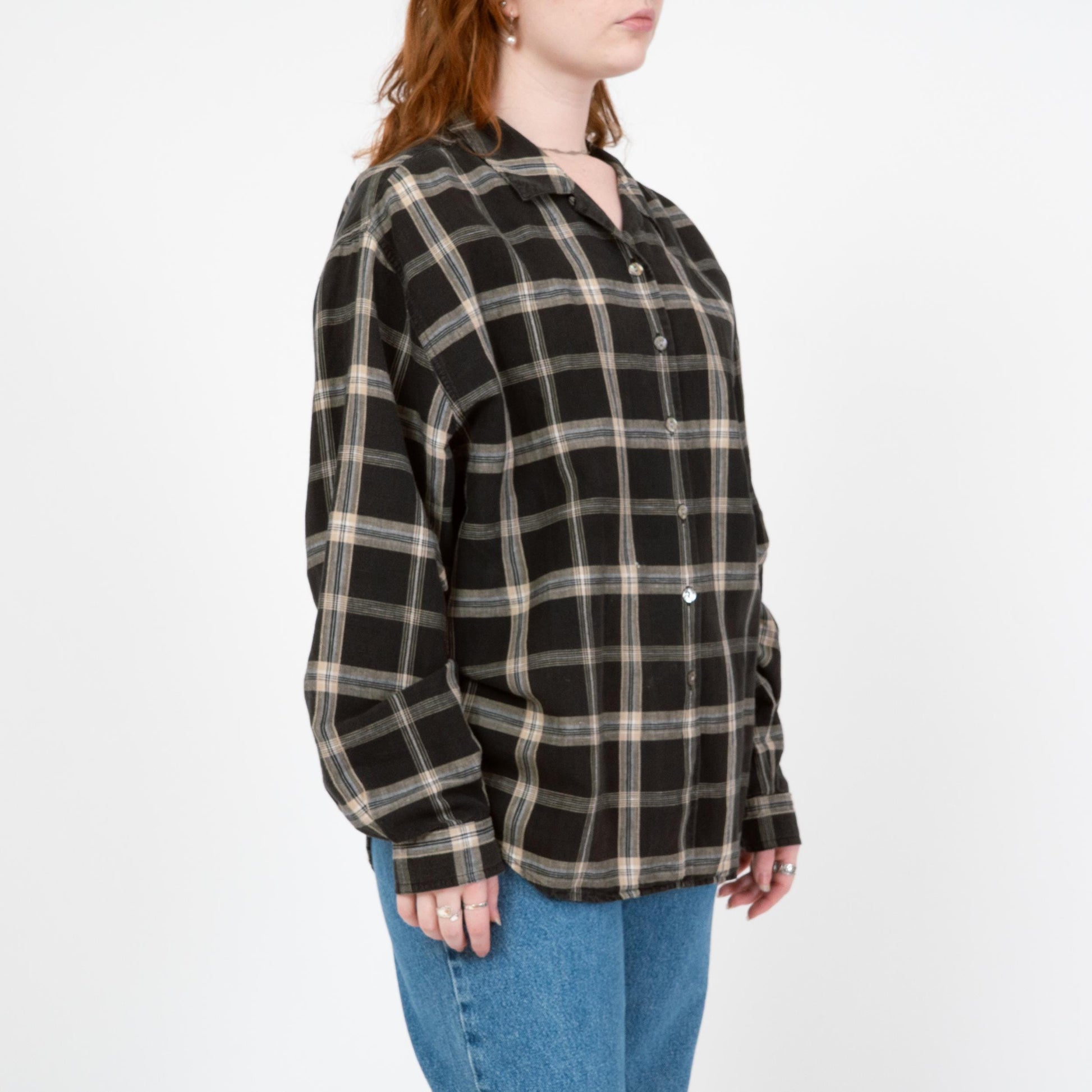 Vintage 90s Black & White Plaid Linen Shirt - Extra Large | Long Sleeve Collared Top