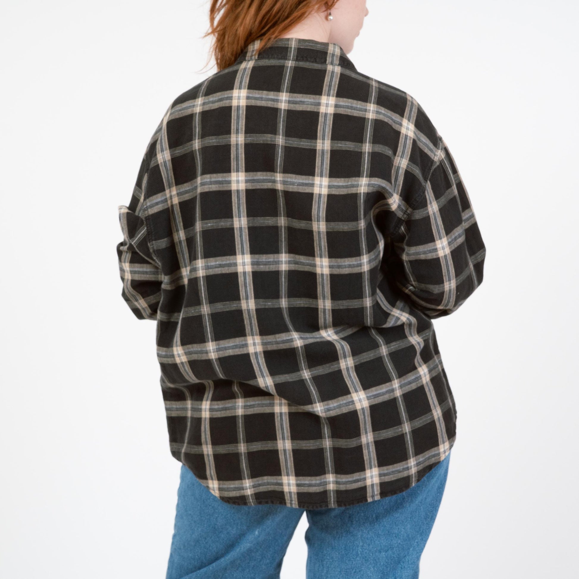 Vintage 90s Black & White Plaid Linen Shirt - Extra Large | Long Sleeve Collared Top