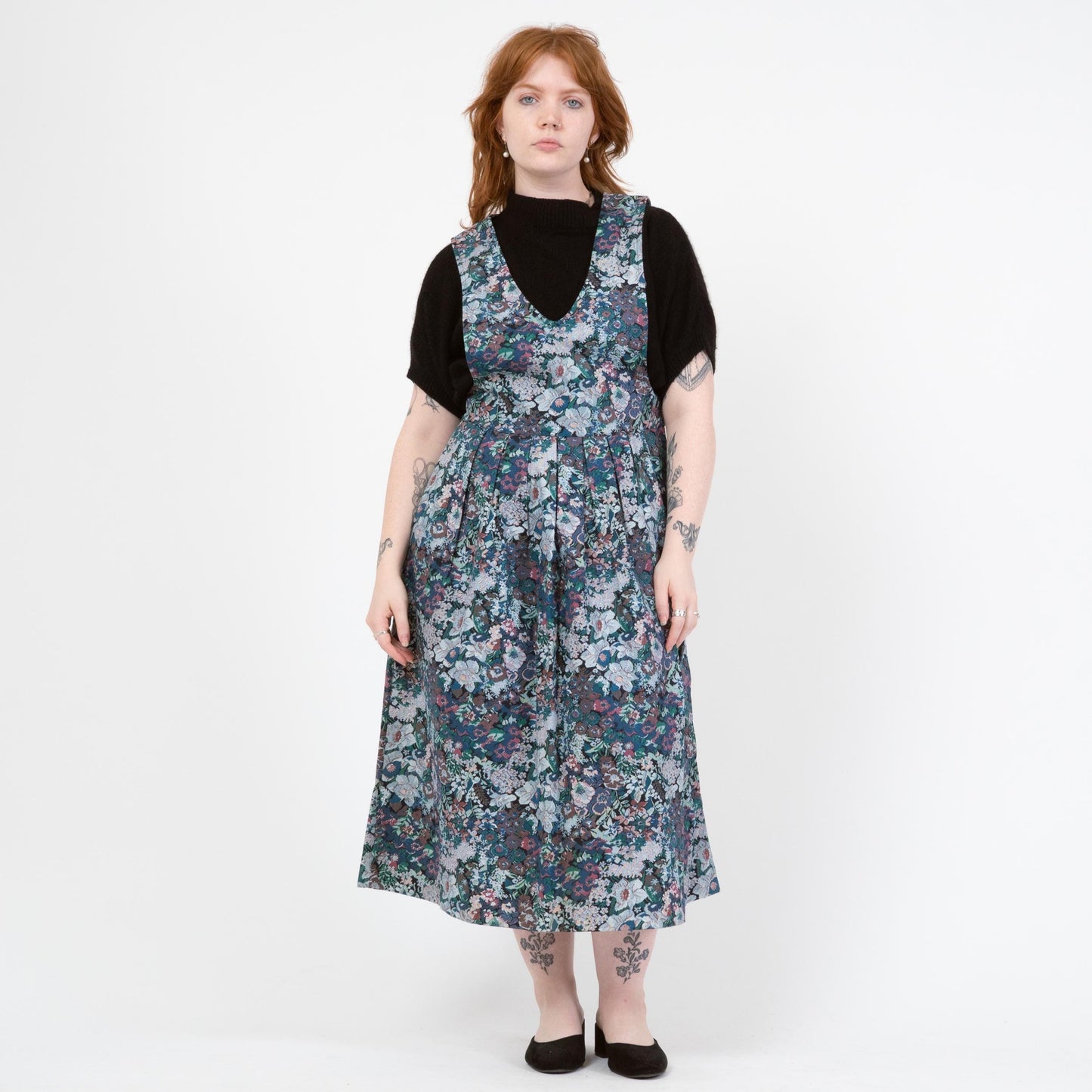 Vintage 80s Floral Tapestry Print Pinafore Midi Dress - Medium | Cottagecore Sleeveless Drop Waist Dress