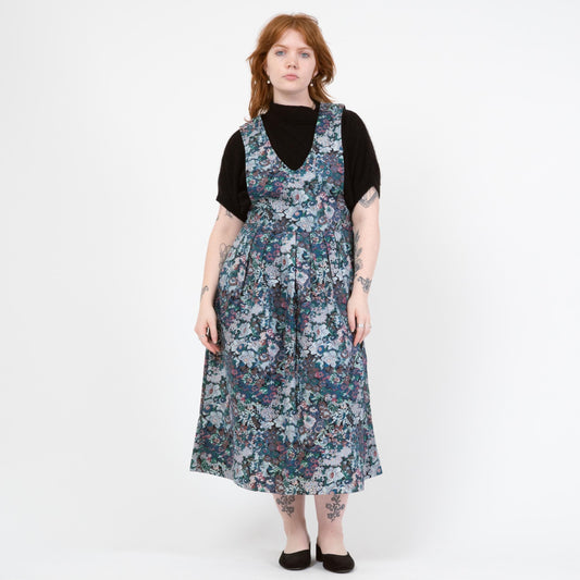 Vintage 80s Floral Tapestry Print Pinafore Midi Dress - Medium | Cottagecore Sleeveless Drop Waist Dress