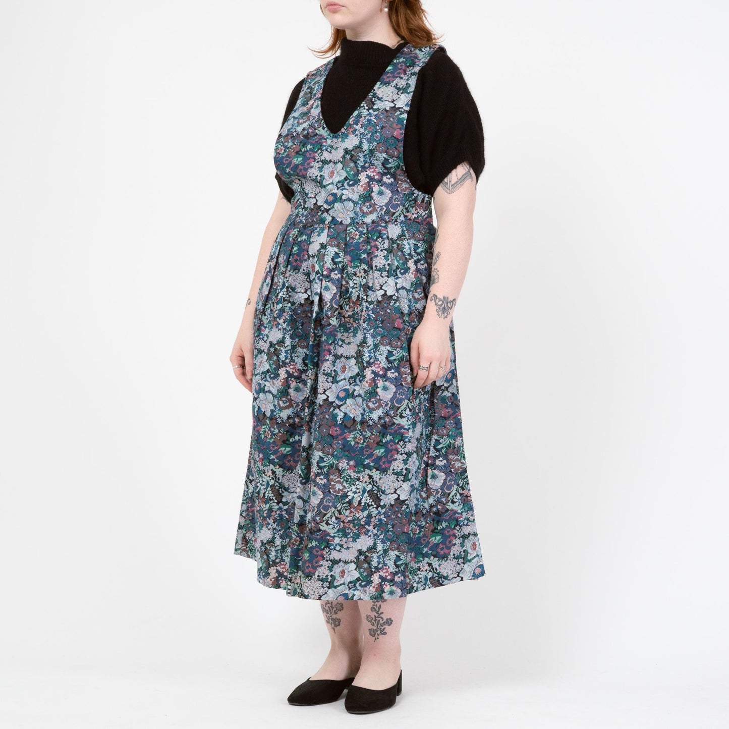 Vintage 80s Floral Tapestry Print Pinafore Midi Dress - Medium | Cottagecore Sleeveless Drop Waist Dress