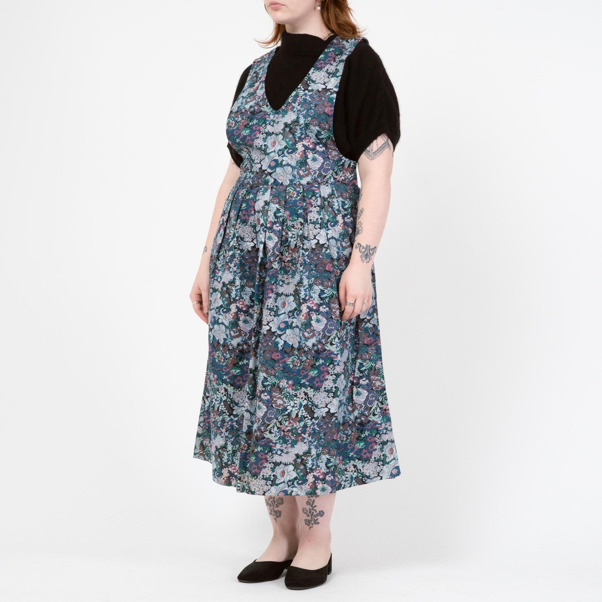Vintage 80s Floral Tapestry Print Pinafore Midi Dress - Medium | Cottagecore Sleeveless Drop Waist Dress