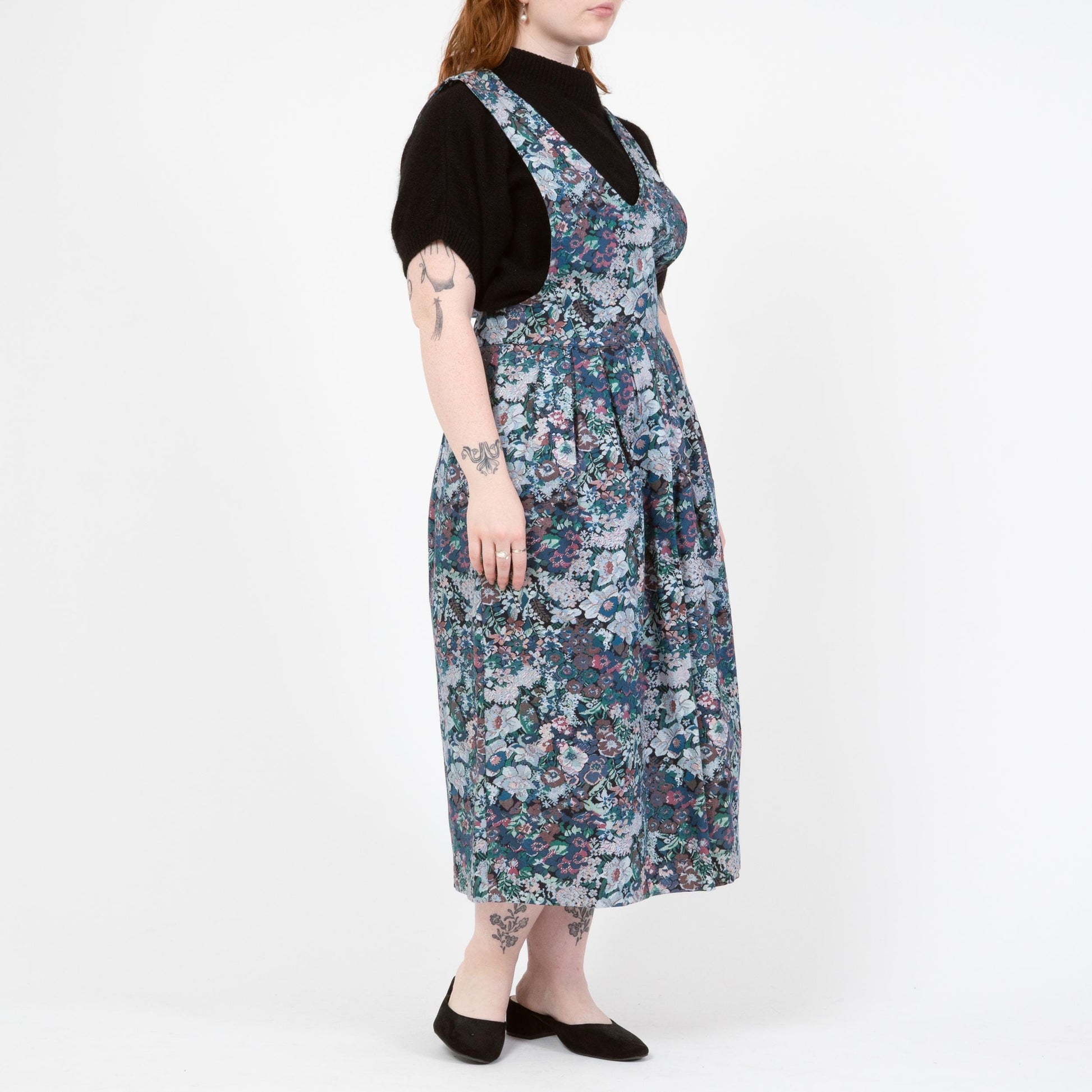 Vintage 80s Floral Tapestry Print Pinafore Midi Dress - Medium | Cottagecore Sleeveless Drop Waist Dress