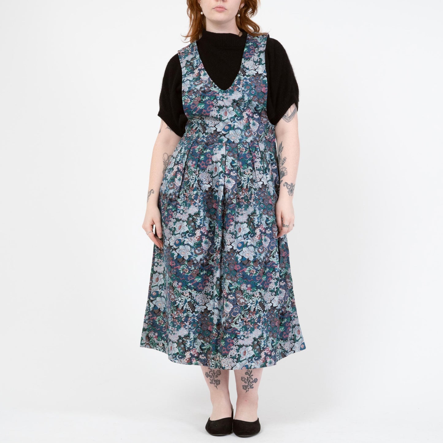 Vintage 80s Floral Tapestry Print Pinafore Midi Dress - Medium | Cottagecore Sleeveless Drop Waist Dress