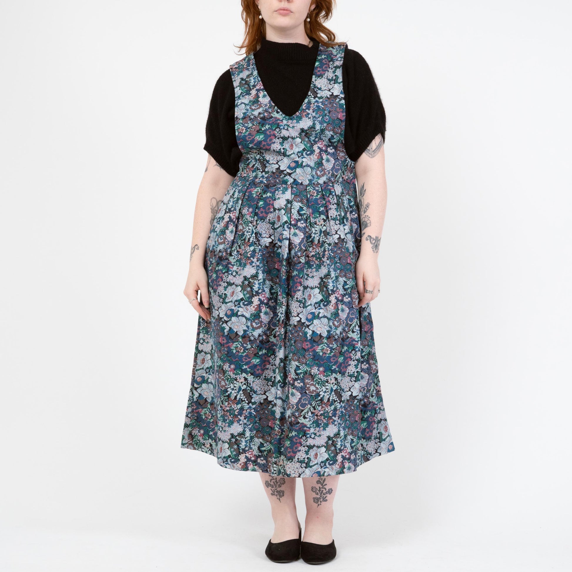 Vintage 80s Floral Tapestry Print Pinafore Midi Dress - Medium | Cottagecore Sleeveless Drop Waist Dress