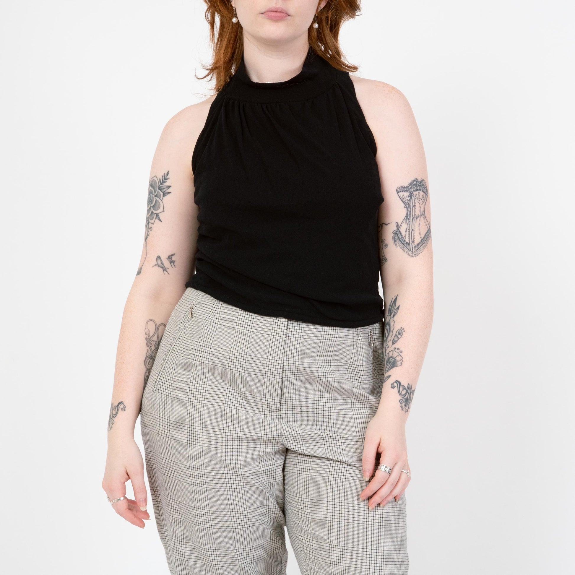 Vintage 90s Black Mesh Drawstring Waist Crop Top - Medium to Large | Minimalist Sleeveless Cropped Tank