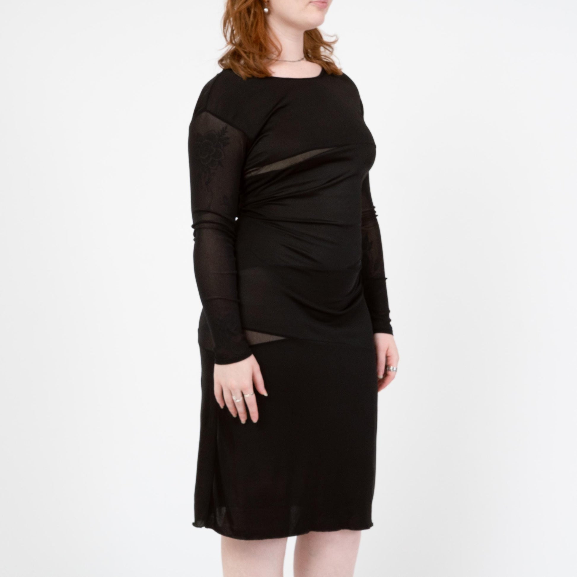 Vintage Y2K Black Sheer Panel Midi Dress - Medium to Large | Gothic Long Sleeve Cocktail Party Dress