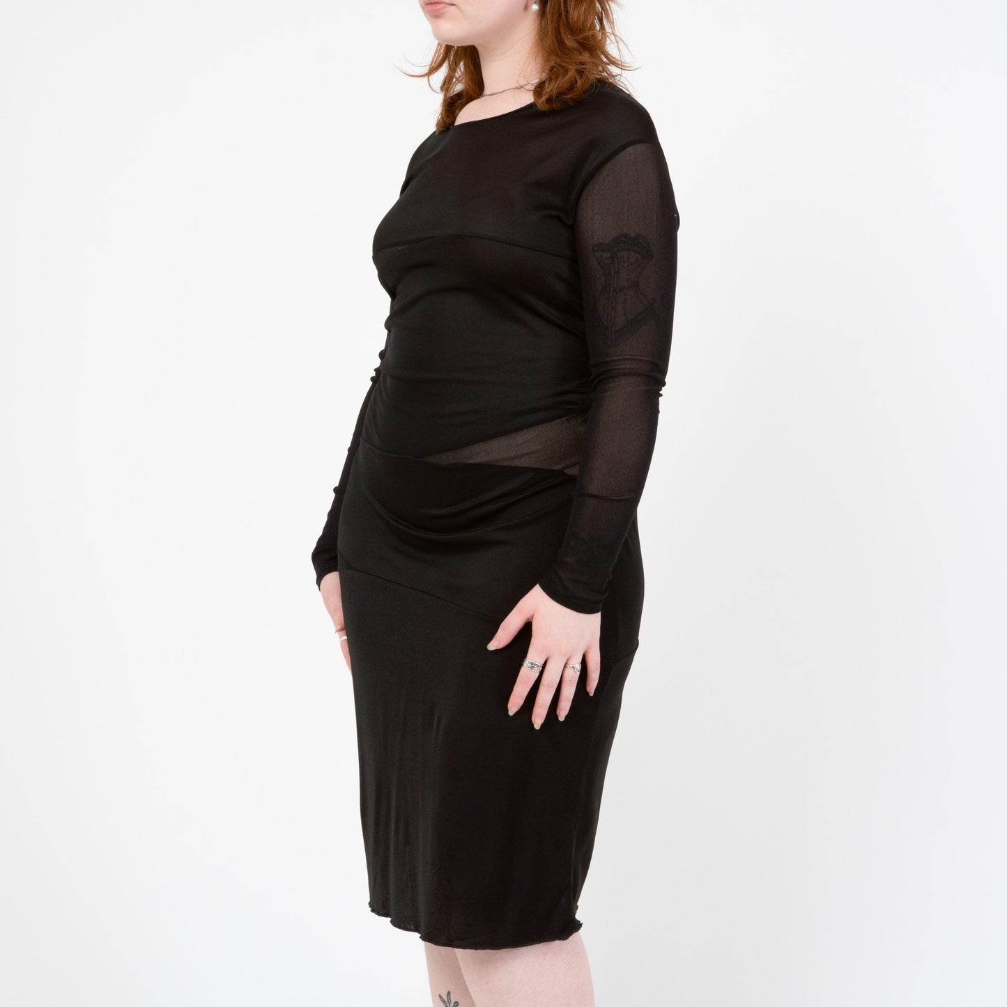 Vintage Y2K Black Sheer Panel Midi Dress - Medium to Large | Gothic Long Sleeve Cocktail Party Dress