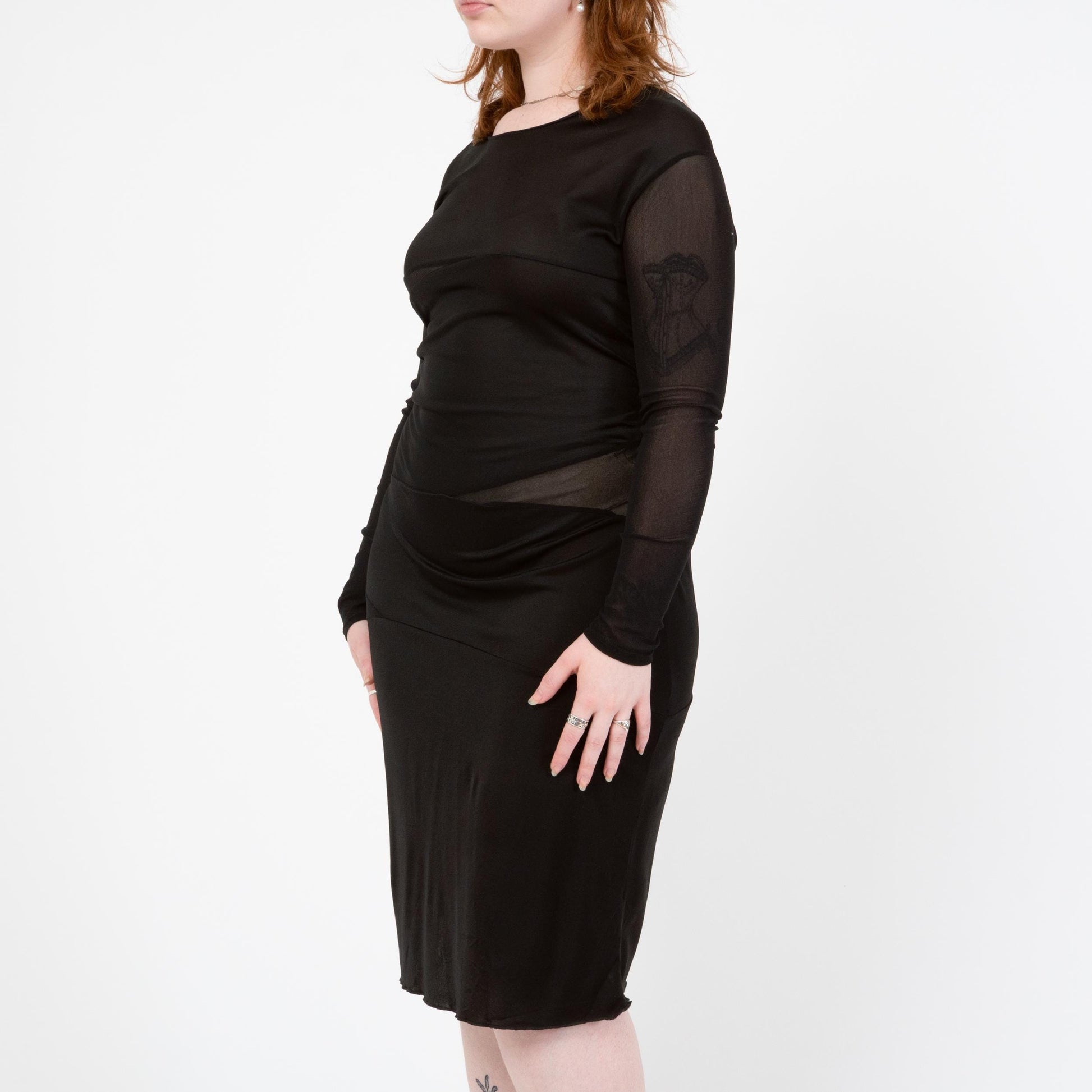 Vintage Y2K Black Sheer Panel Midi Dress - Medium to Large | Gothic Long Sleeve Cocktail Party Dress