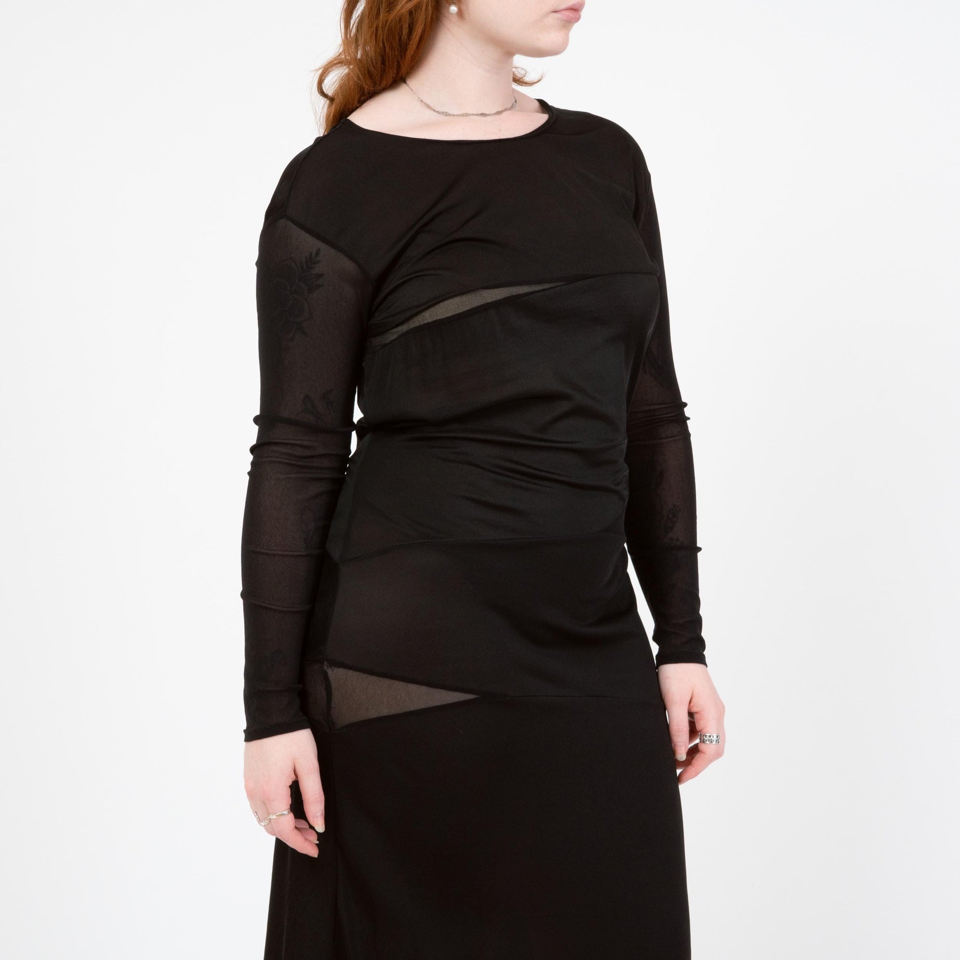 Vintage Y2K Black Sheer Panel Midi Dress - Medium to Large | Gothic Long Sleeve Cocktail Party Dress