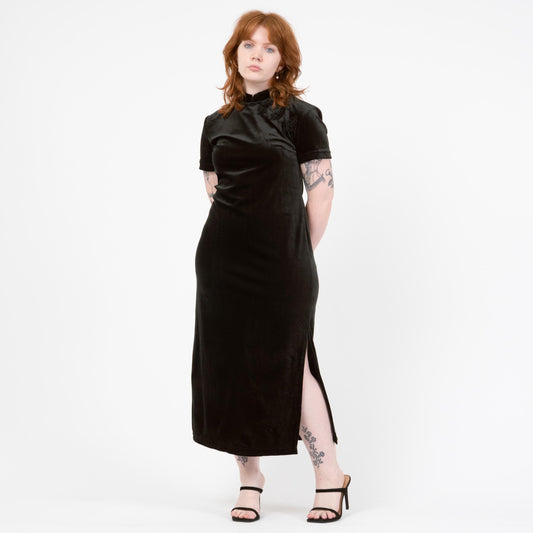 Vintage 90s Black Crushed Velvet Qipao Maxi Dress - Large | Gothic Mockneck Short Sleeve Formal Dress