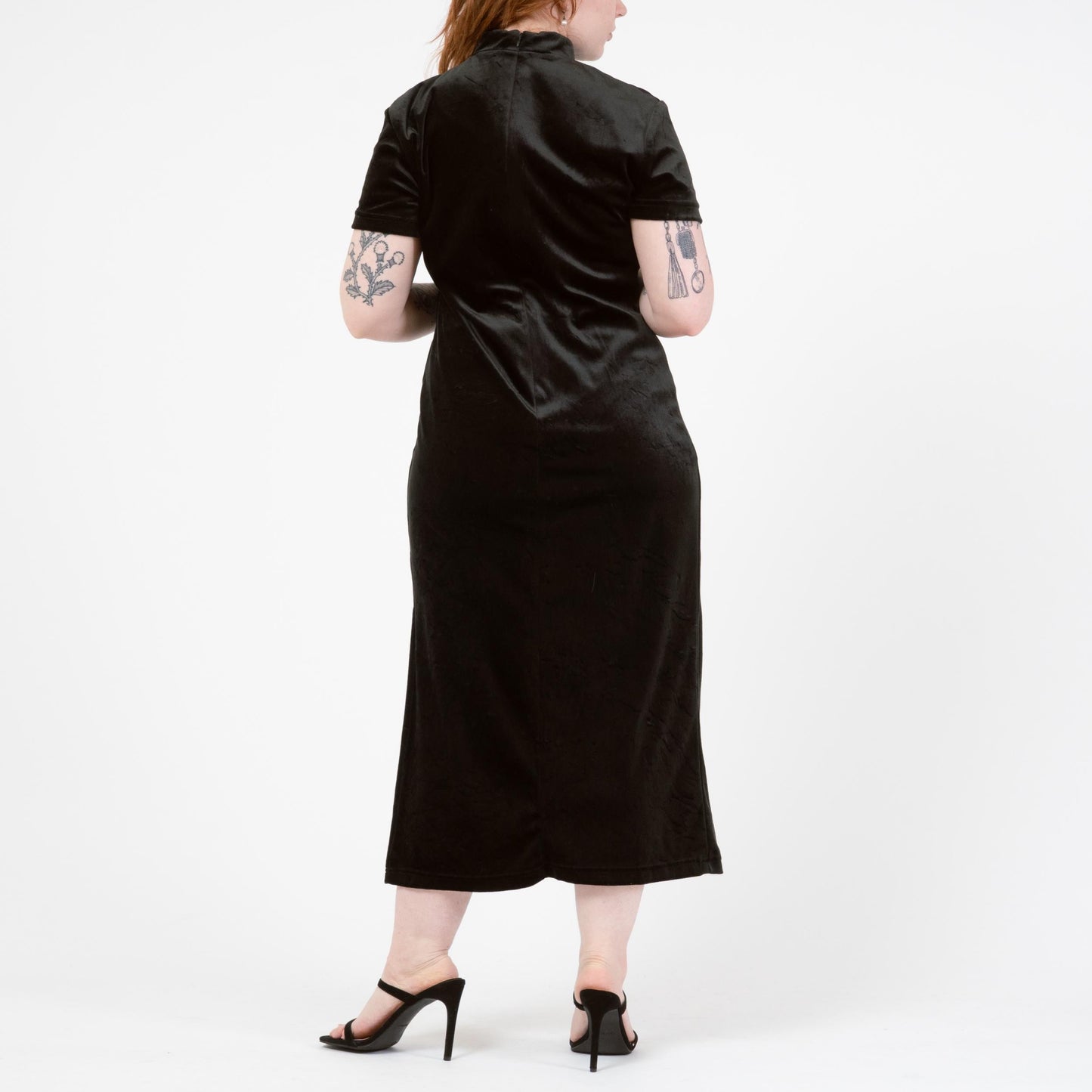 Vintage 90s Black Crushed Velvet Qipao Maxi Dress - Large | Gothic Mockneck Short Sleeve Formal Dress