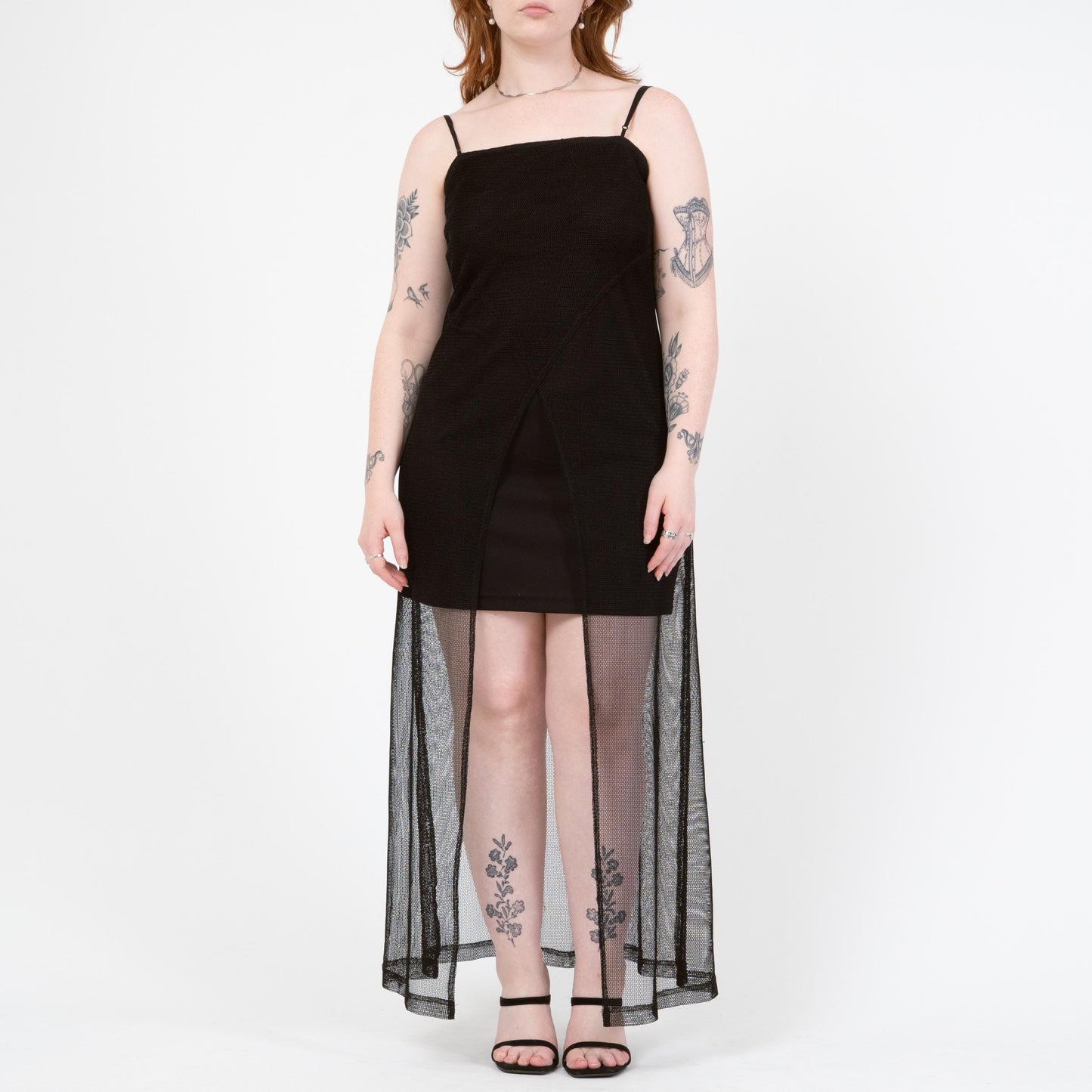Vintage 90s Black Mesh High-Low Peekaboo Dress - Large | Spaghetti Strap Sexy Party Dress