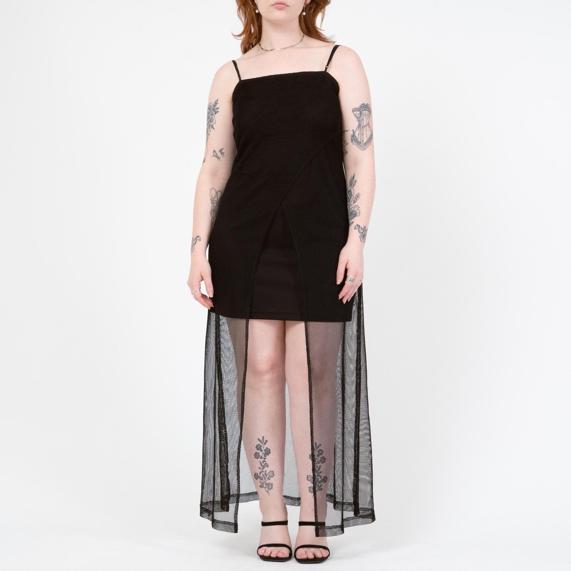 Vintage 90s Black Mesh High-Low Peekaboo Dress - Large | Spaghetti Strap Sexy Party Dress