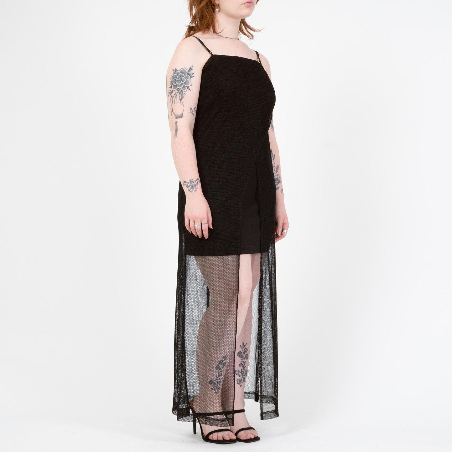Vintage 90s Black Mesh High-Low Peekaboo Dress - Large | Spaghetti Strap Sexy Party Dress