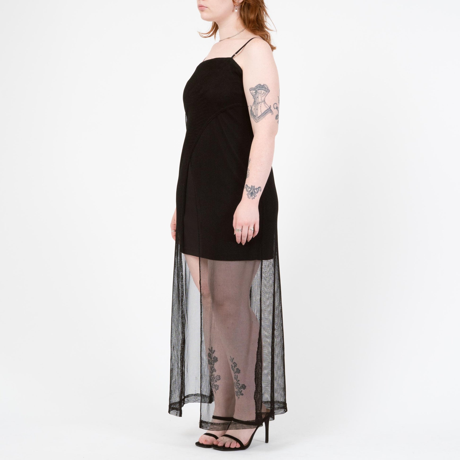 Vintage 90s Black Mesh High-Low Peekaboo Dress - Large | Spaghetti Strap Sexy Party Dress