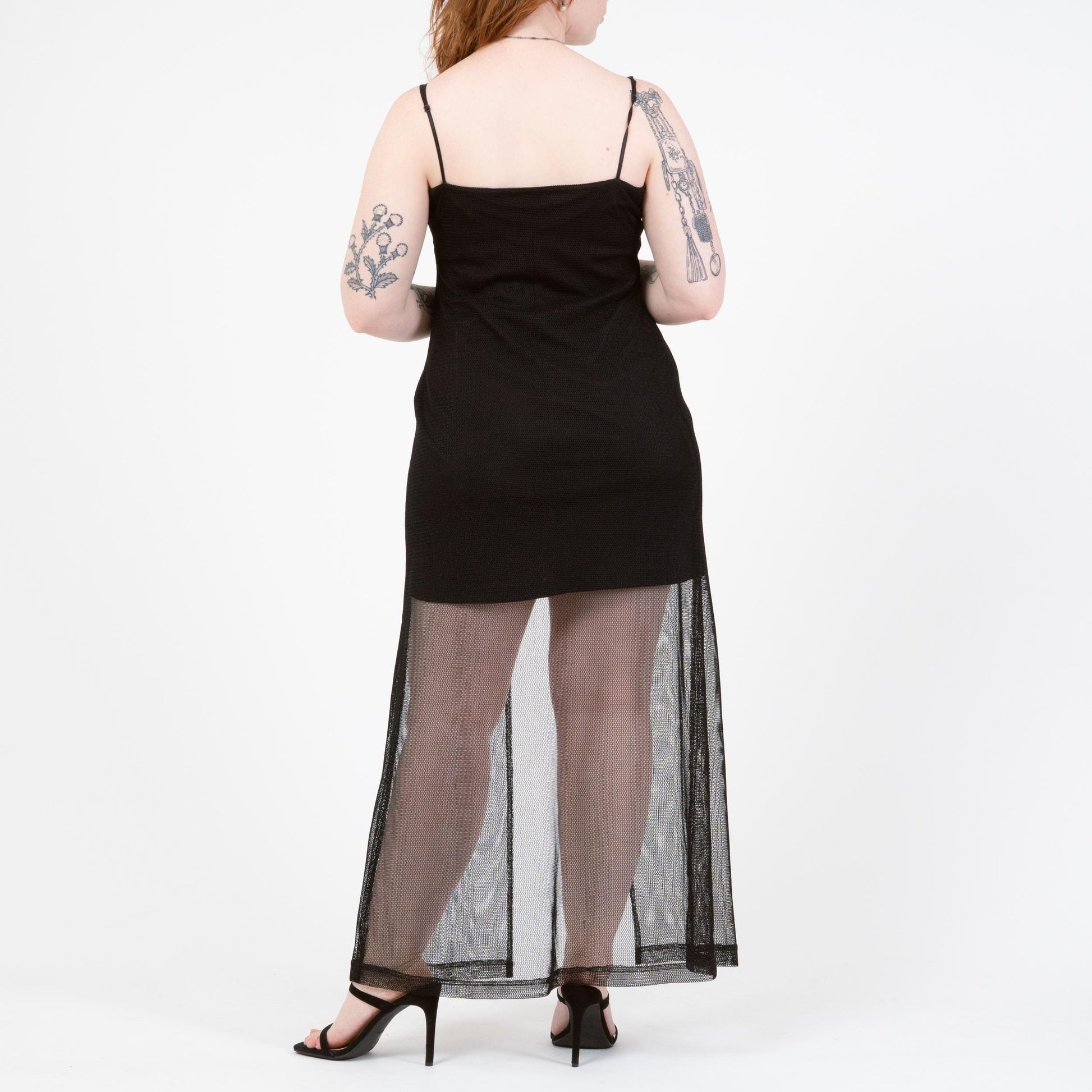 Vintage 90s Black Mesh High-Low Peekaboo Dress - Large | Spaghetti Strap Sexy Party Dress