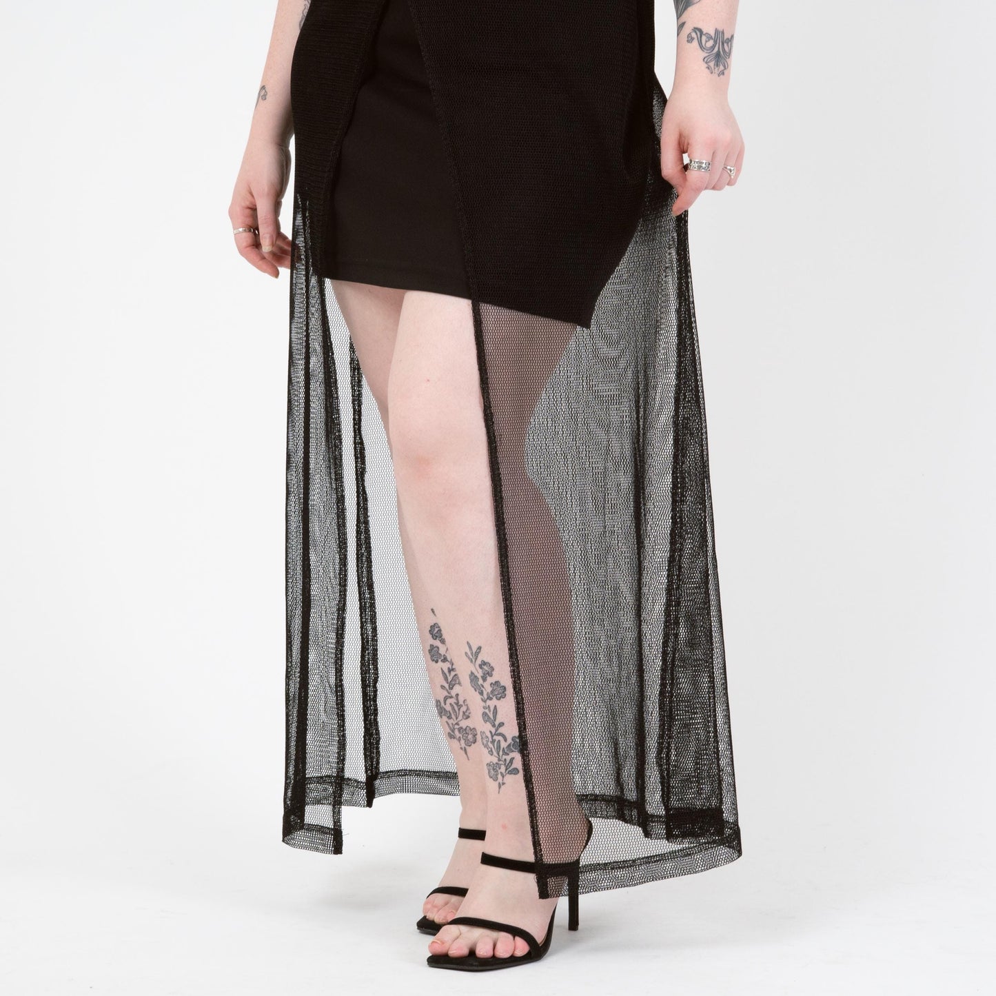 Vintage 90s Black Mesh High-Low Peekaboo Dress - Large | Spaghetti Strap Sexy Party Dress