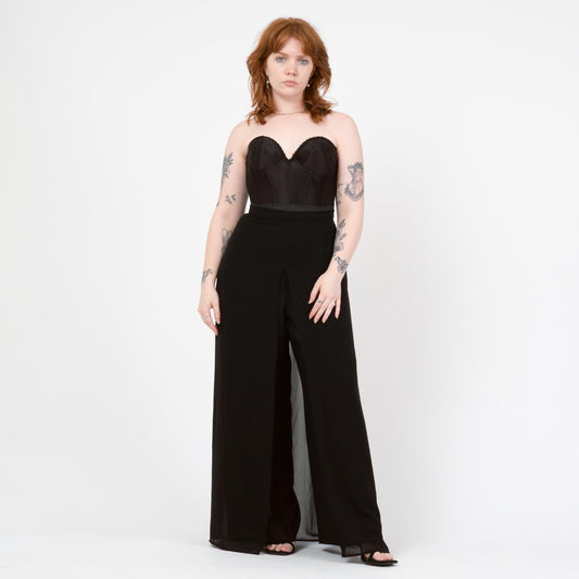 Vintage 90s Black Chiffon Sheer Illusion Pants - Extra Large | High Waisted Wide Leg Formal Palazzo Trousers