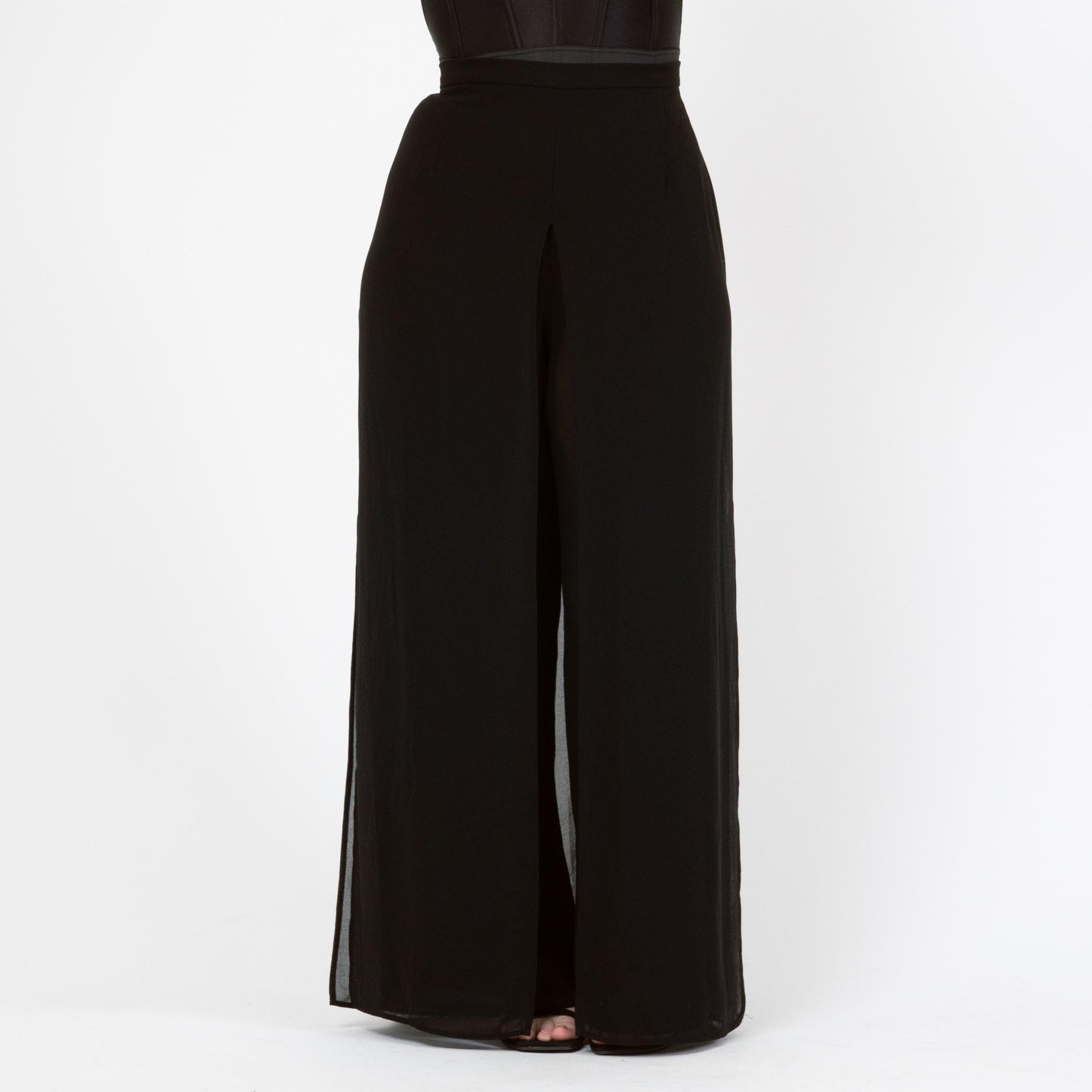 Vintage 90s Black Chiffon Sheer Illusion Pants - Extra Large | High Waisted Wide Leg Formal Palazzo Trousers