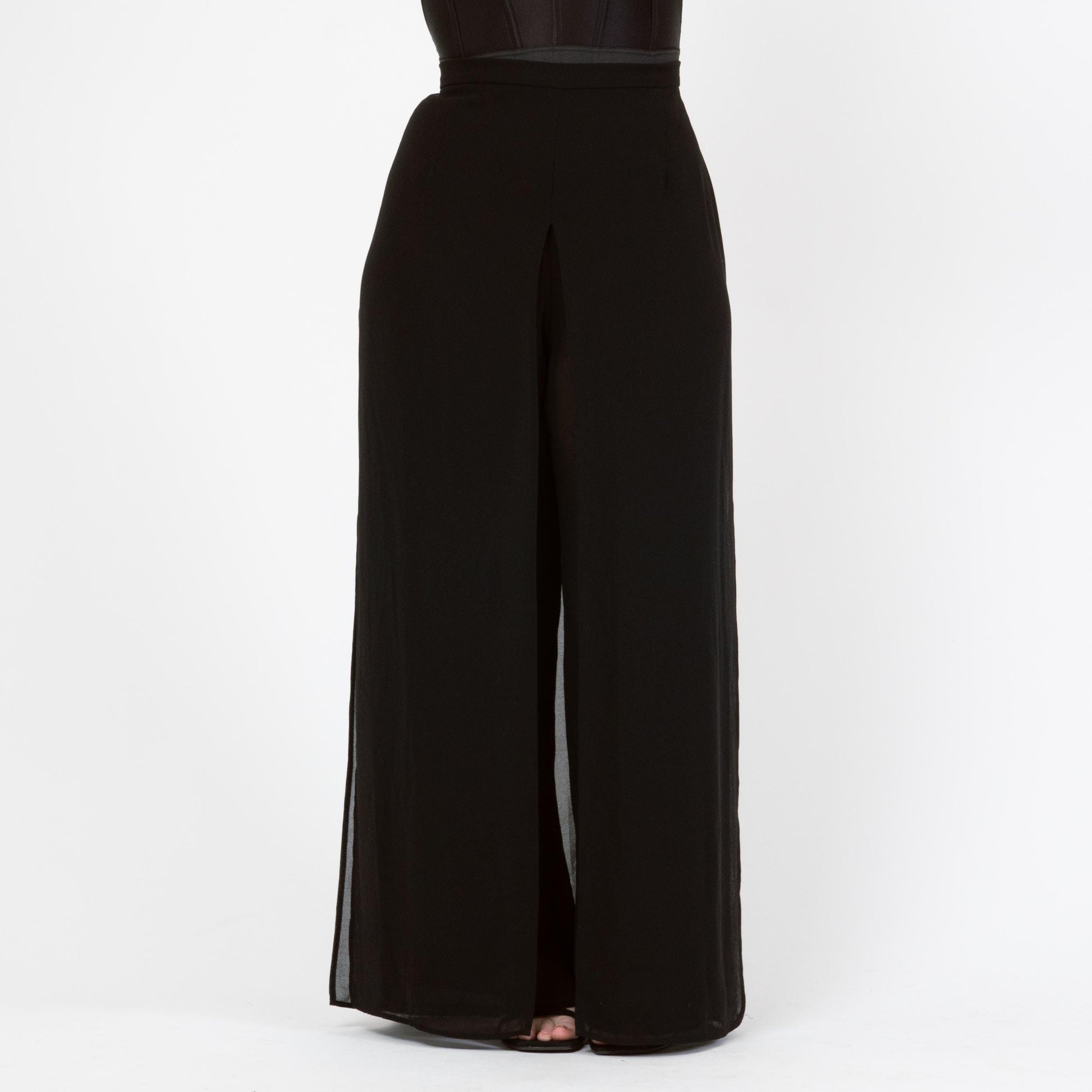 Vintage 90s Black Chiffon Sheer Illusion Pants - Extra Large | High Waisted Wide Leg Formal Palazzo Trousers