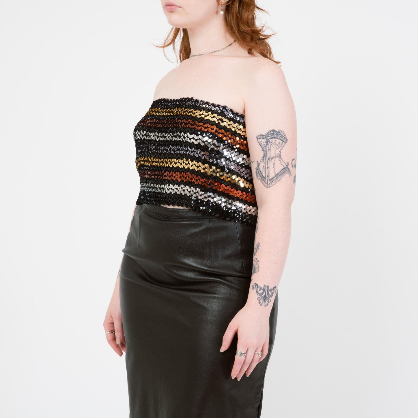 Vintage 70s Striped Sequin Disco Tube Top - Large to XL | Showgirl Strapless Pin Up Crop Top